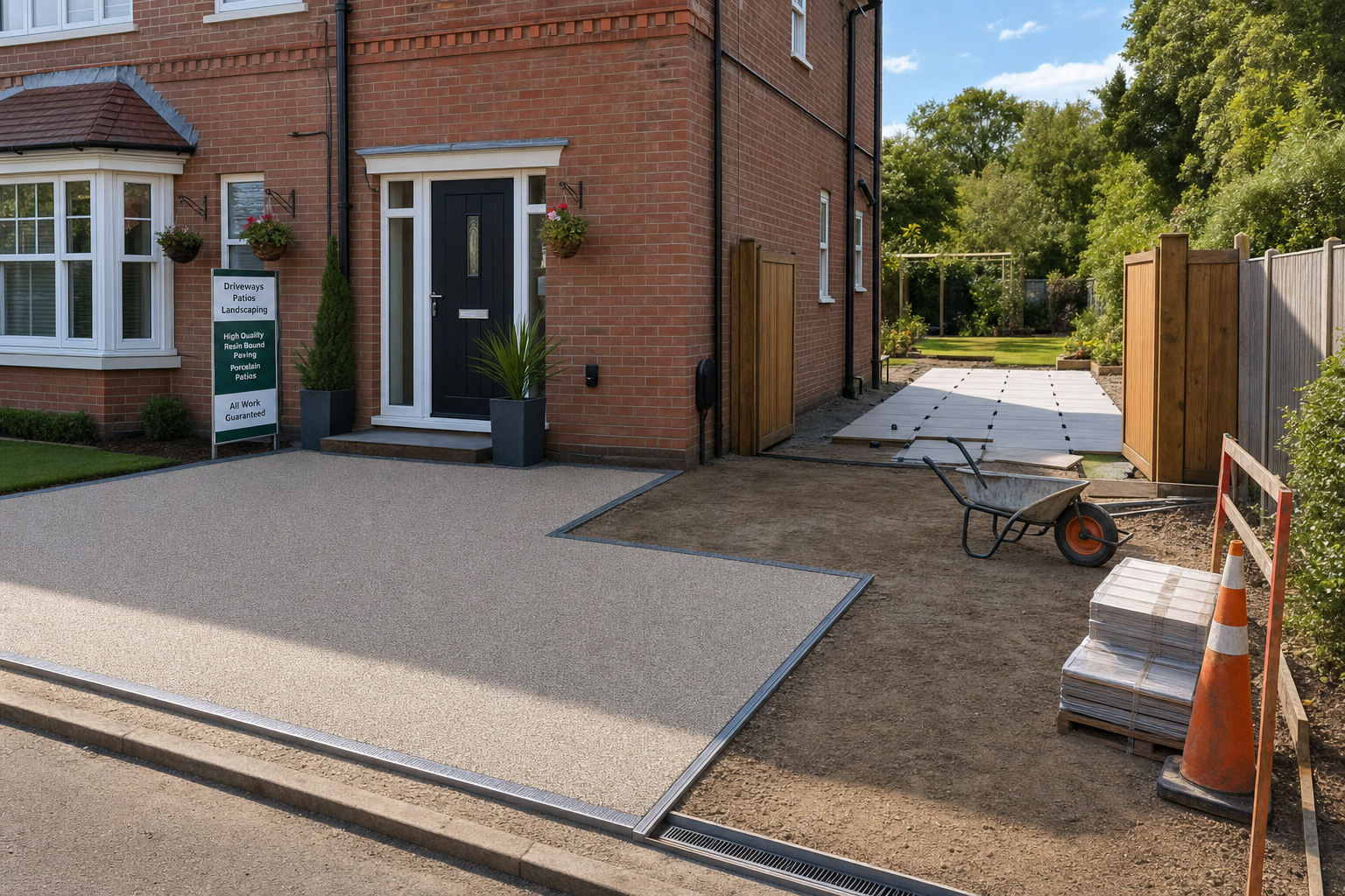 Newly installed driveway and path beside a brick house, with a wheelbarrow and traffic cone on the unfinished area.
