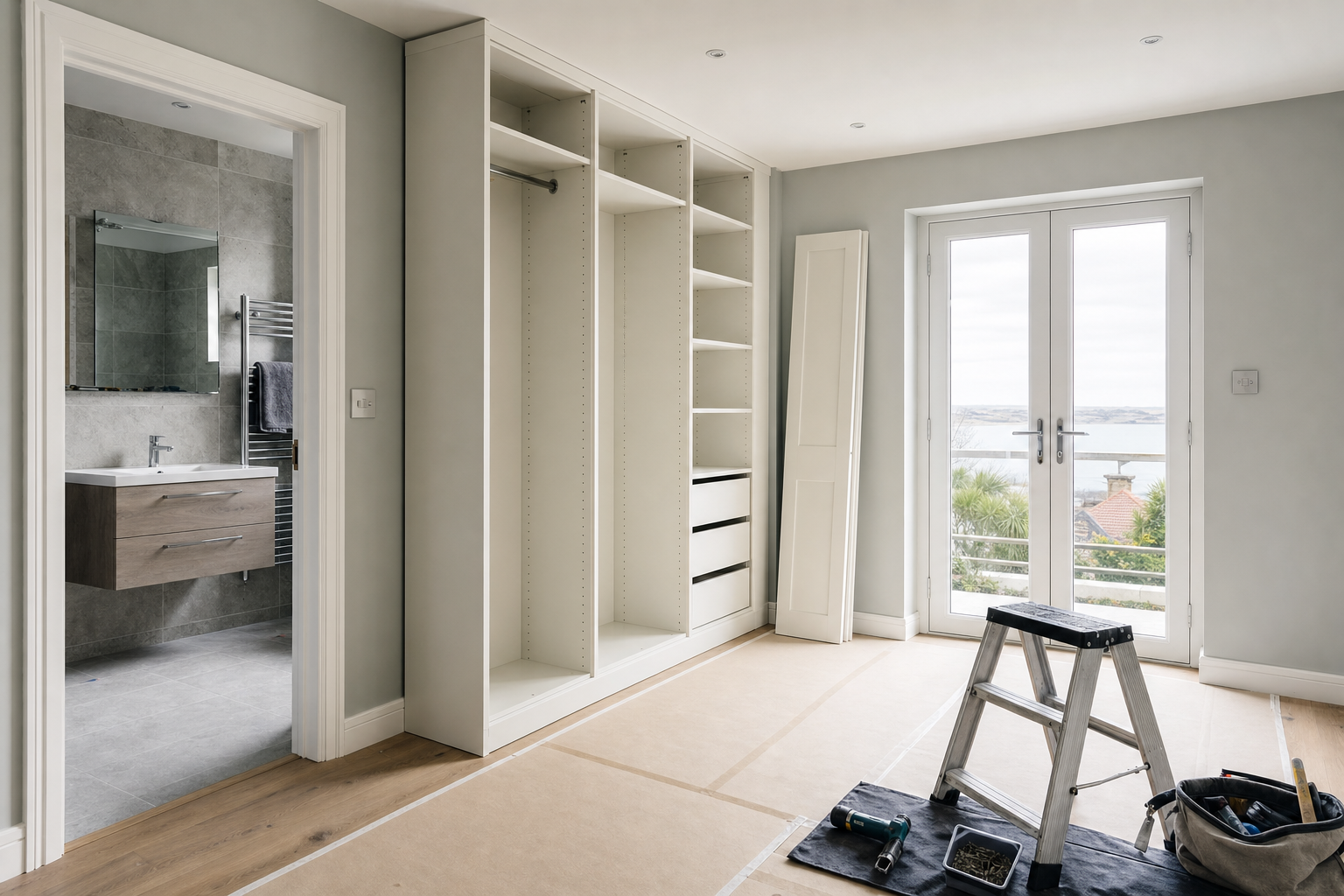 Room under renovation with a built-in wardrobe, step ladder, and tools facing double doors with a seaside view.