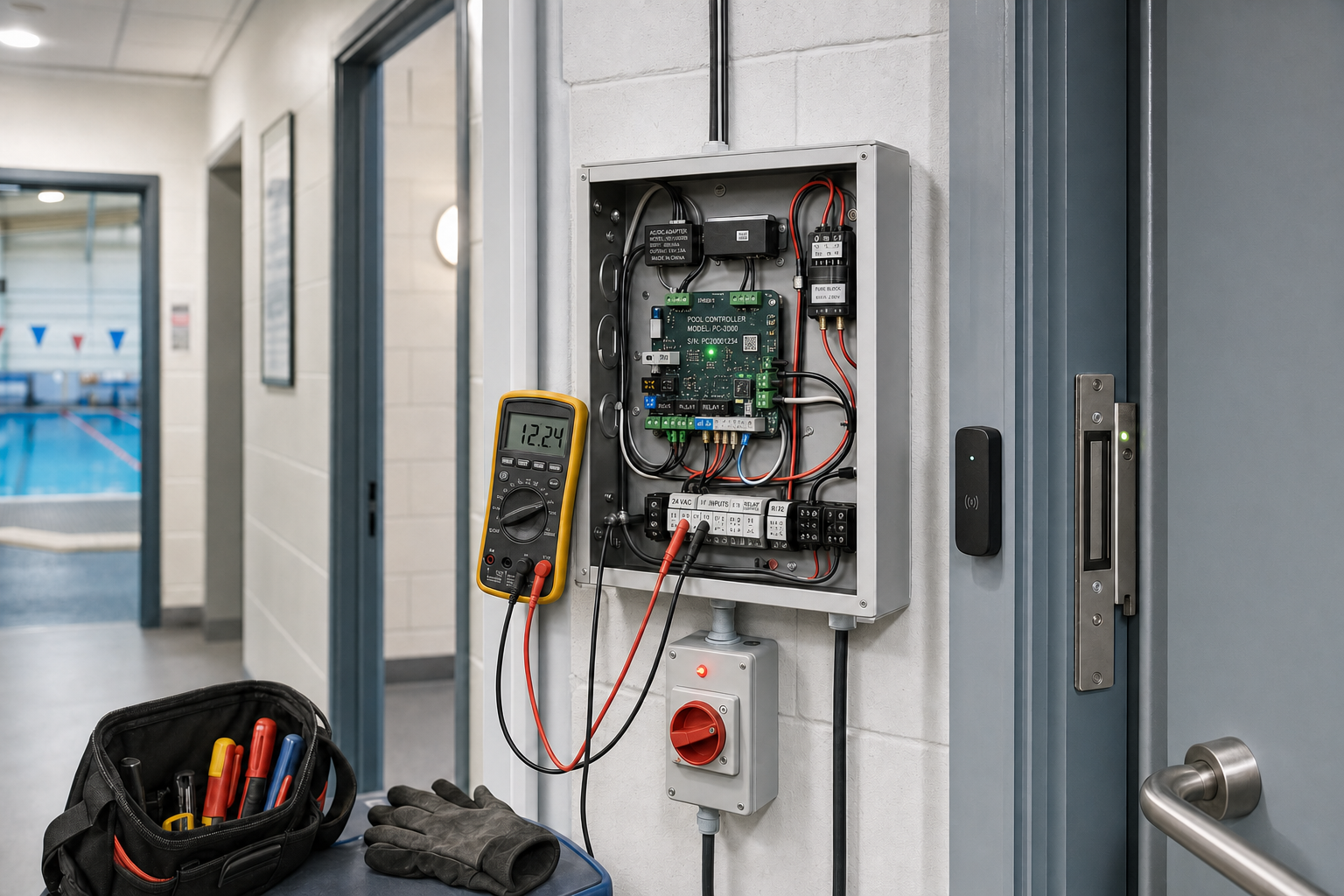 An electrical control panel with a digital multimeter and tools is set up next to a swimming pool area.