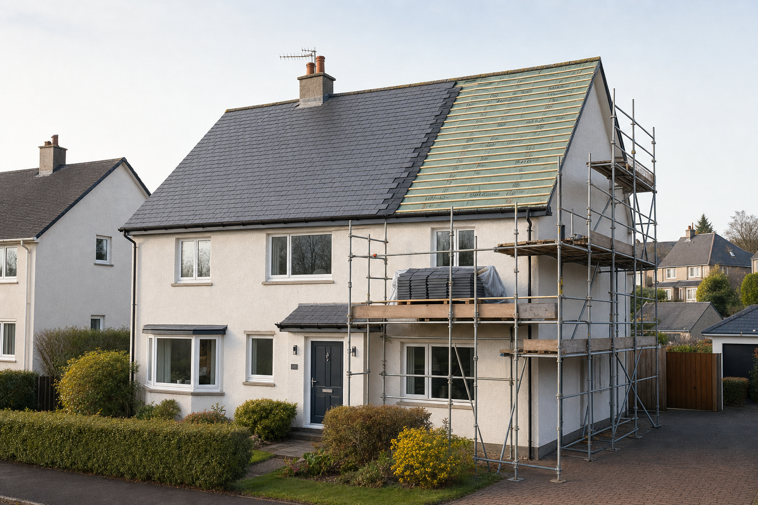 A two-storey house with scaffolding and materials on the roof, indicating ongoing roofing repairs.