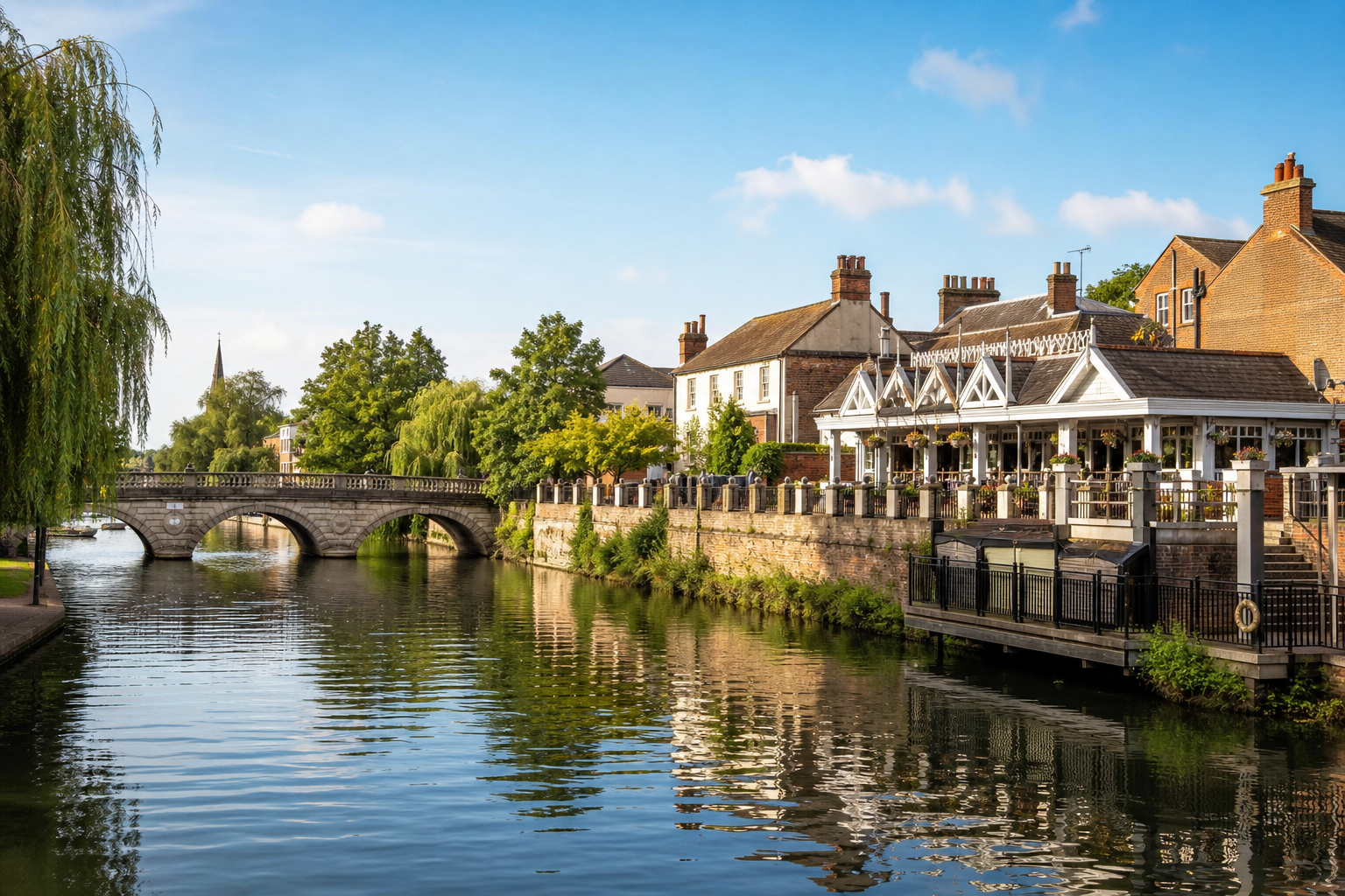 Charming riverside scene with a stone bridge, lush trees, and historic buildings reflected in the water.