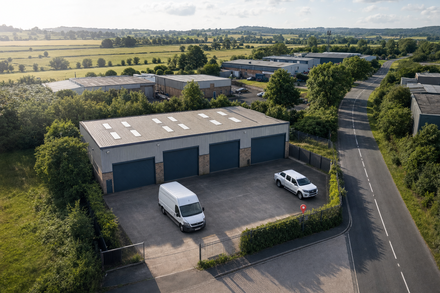 Industrial building with two parked vans in a rural business park, surrounded by greenery and open countryside.