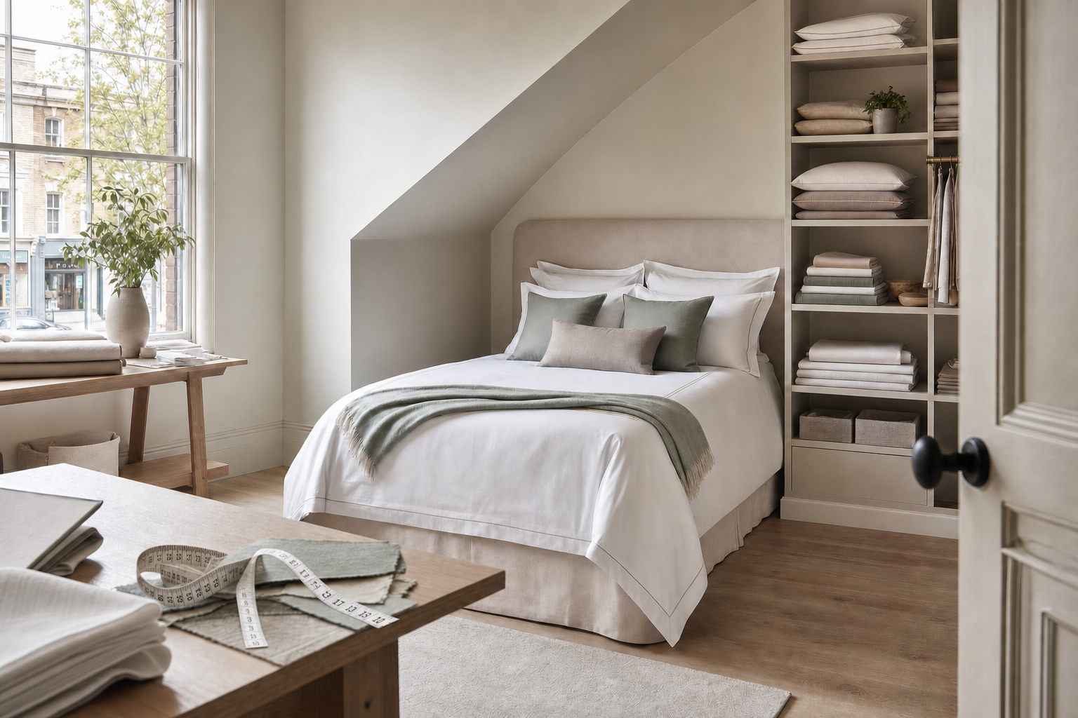 Stylish bedroom with neutral tones, featuring a neatly made bed, a window with daylight, and shelves with folded linens.