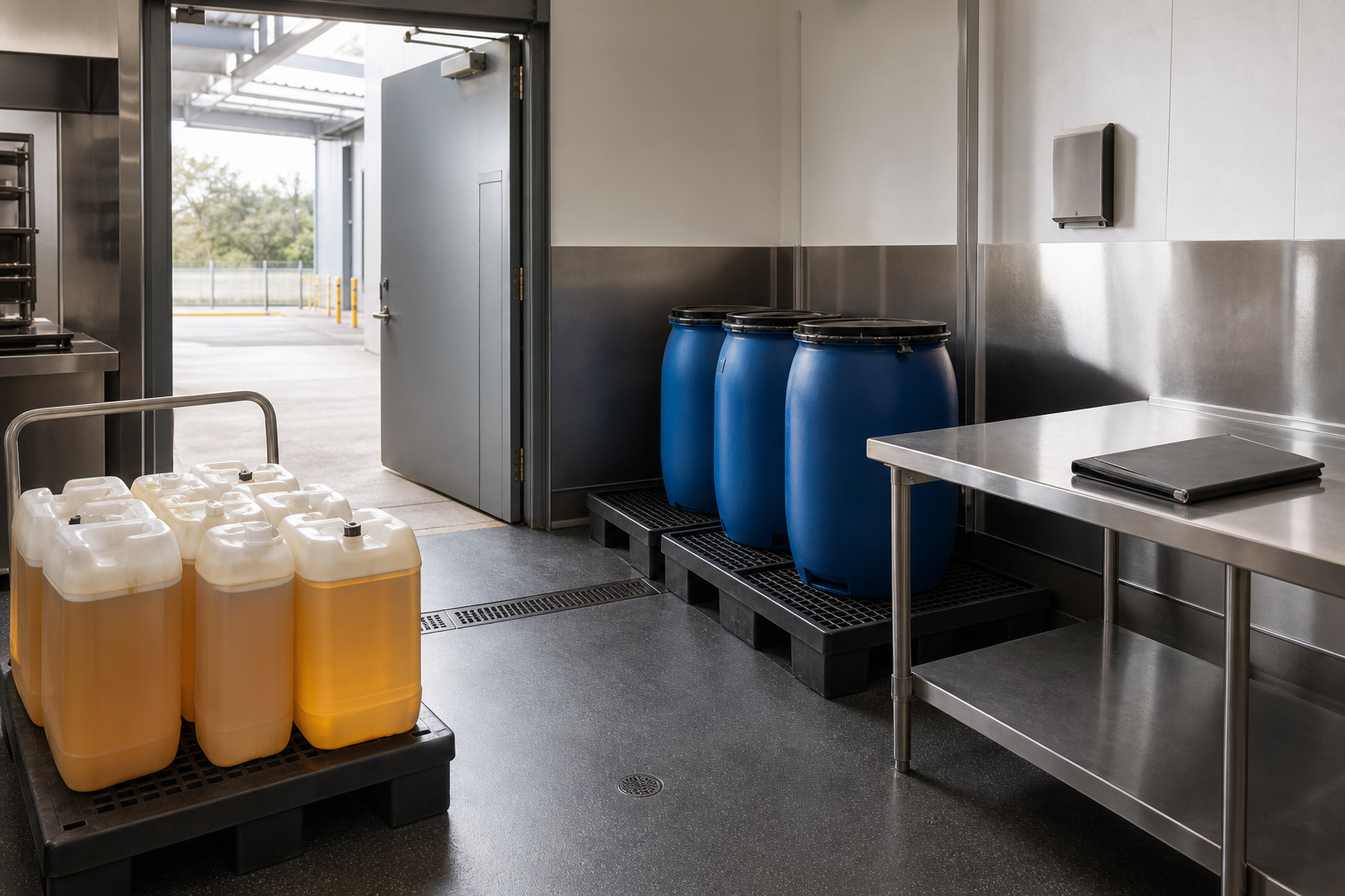 Industrial room with blue barrels and yellow liquid containers on pallets near an open door.