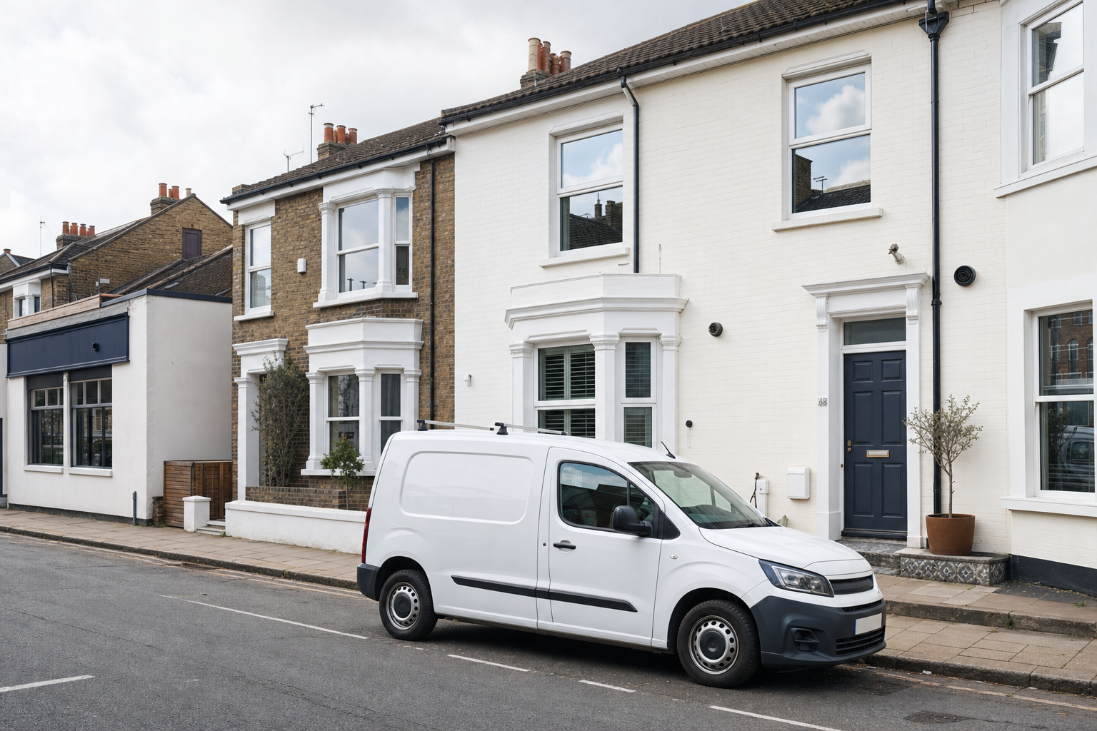 White van parked on a residential street in front of terraced houses.
