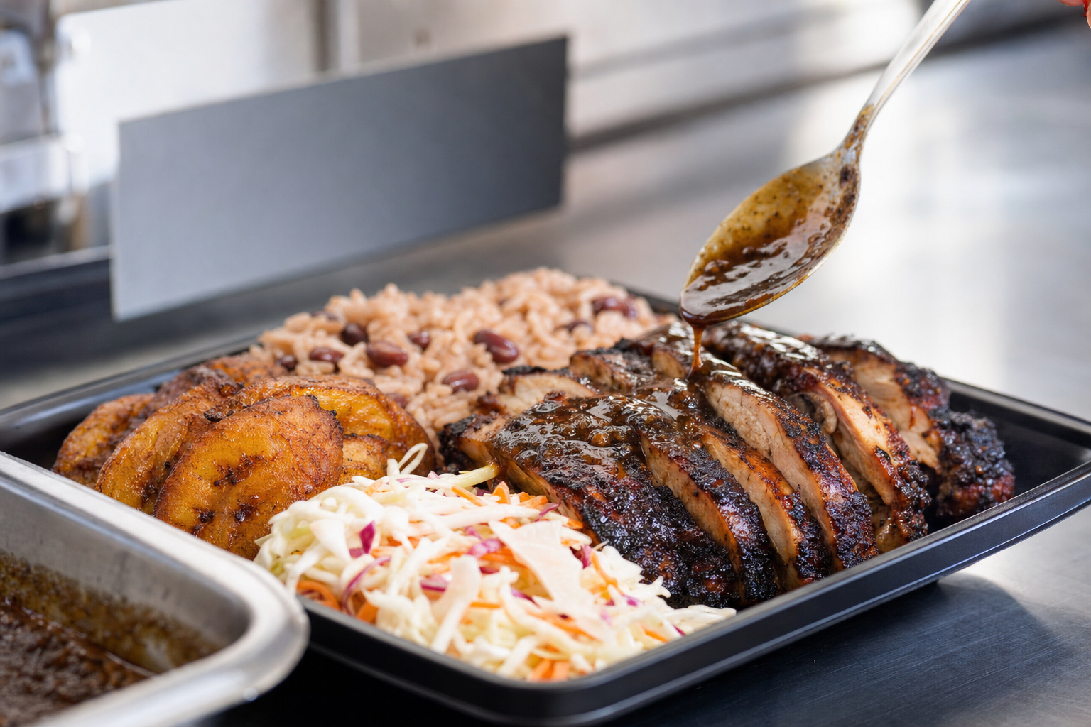 Sliced jerk chicken with sauce, served with rice and peas, plantain, and coleslaw on a black tray.