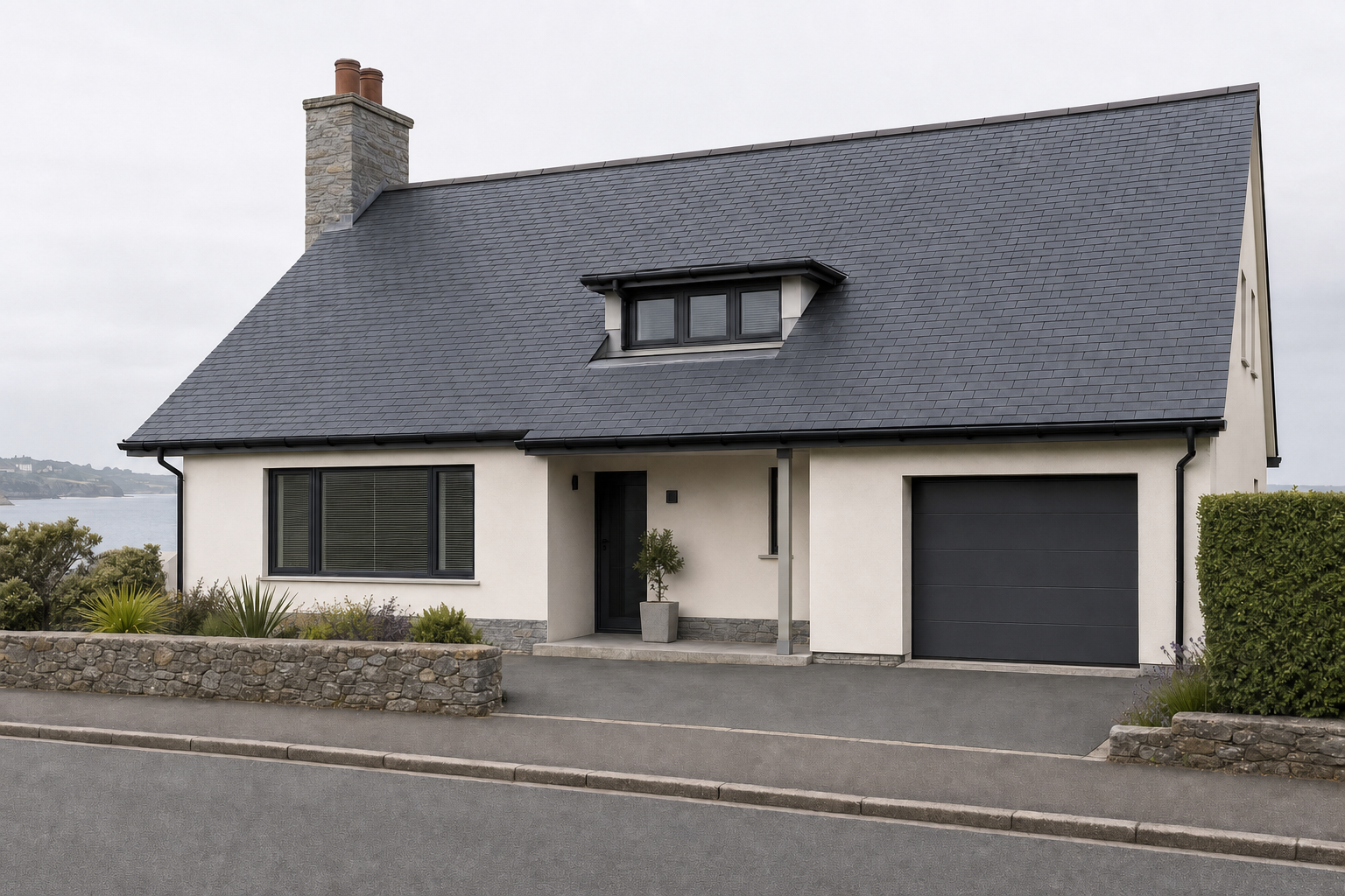Modern detached house with black slate roof, adjacent garage, and coastal view in the background.