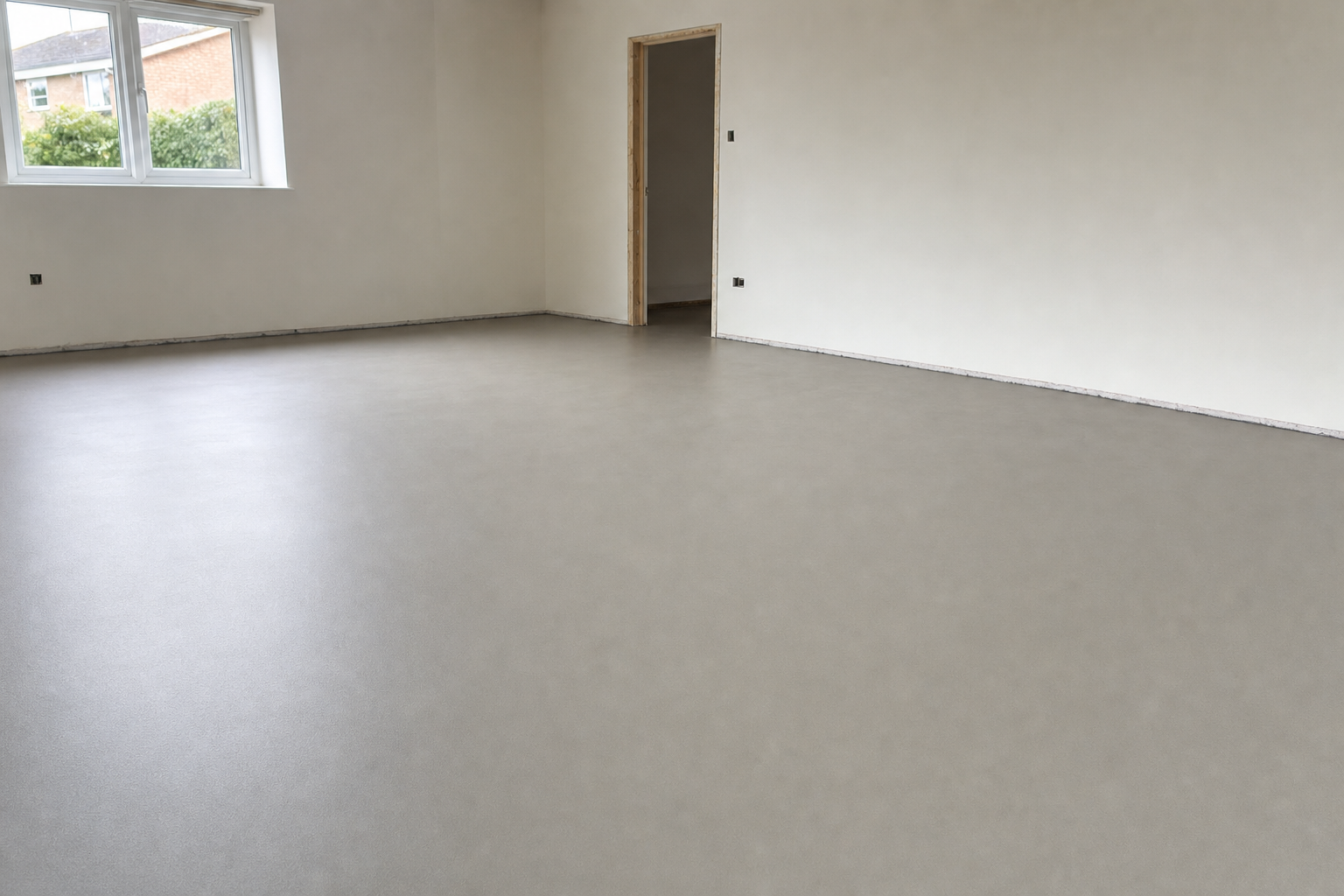 An empty room with smooth, grey vinyl flooring, featuring a window and open doorway.