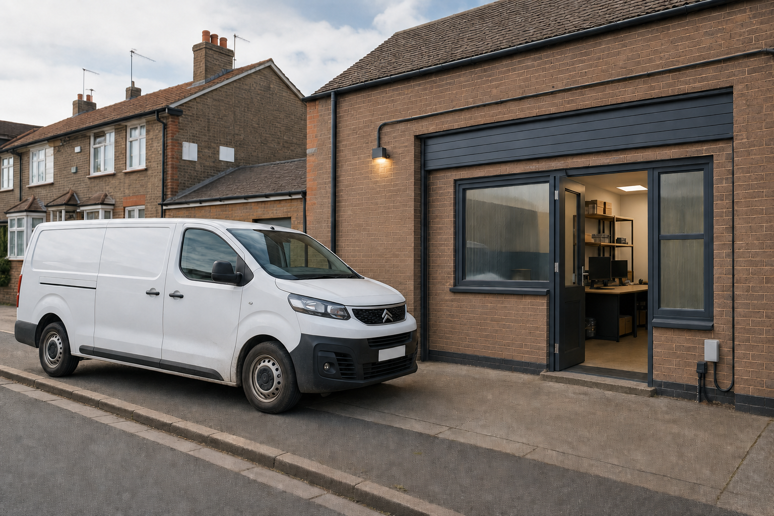 White van parked on the kerbside outside a brick office with an open door revealing shelves and computers inside.