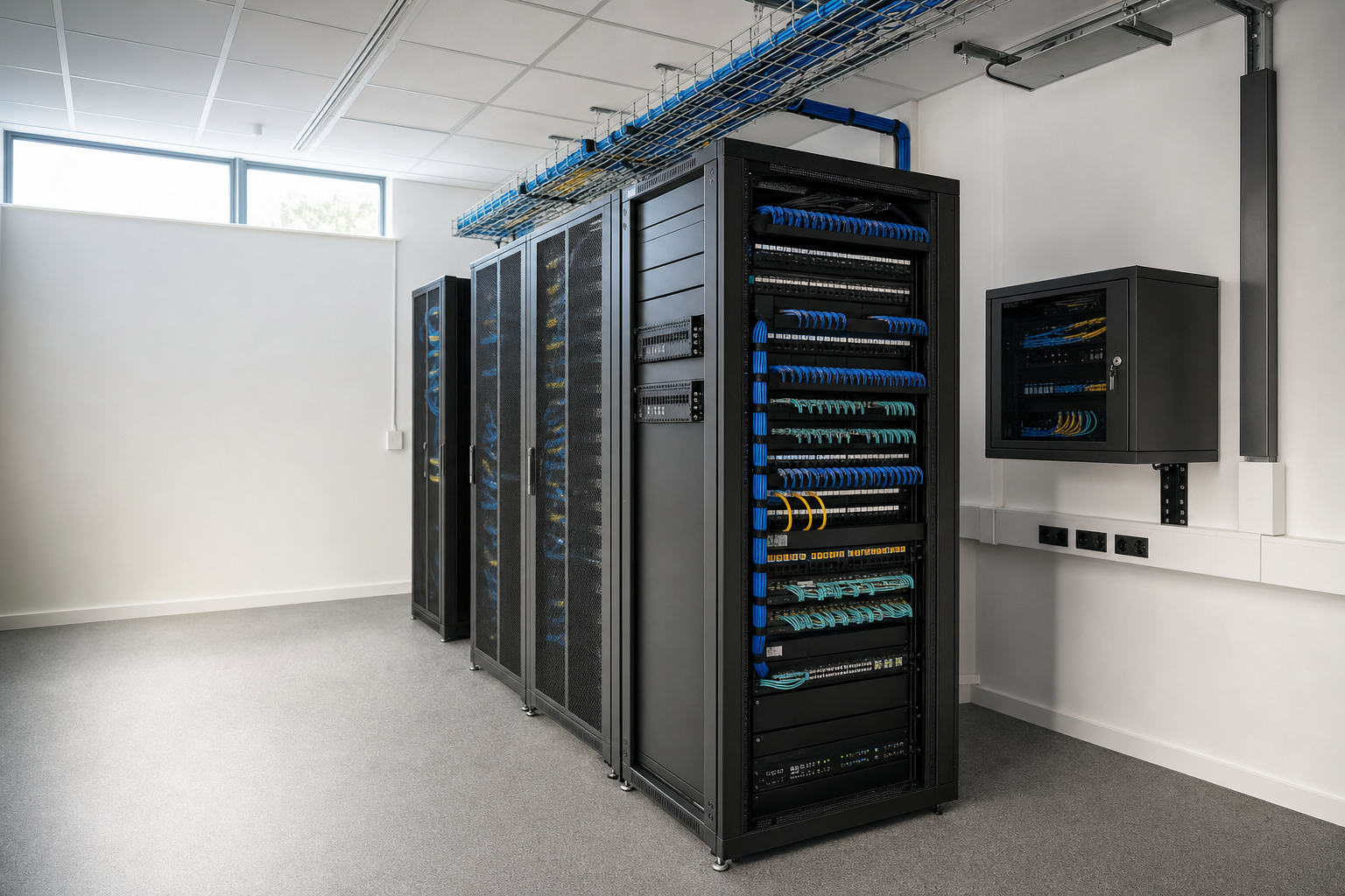 A server room featuring rows of black server racks with blue and yellow cabling, under a suspended ceiling.