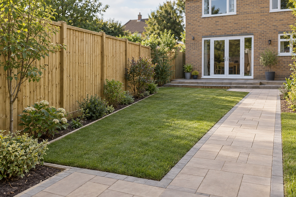 A neatly landscaped garden features a grass lawn, potted plants, and a wooden fence beside a modern brick house.