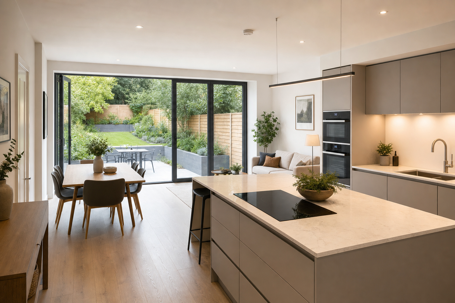 Modern open-plan kitchen and dining area with sleek design, leading to a spacious garden through large glass doors.