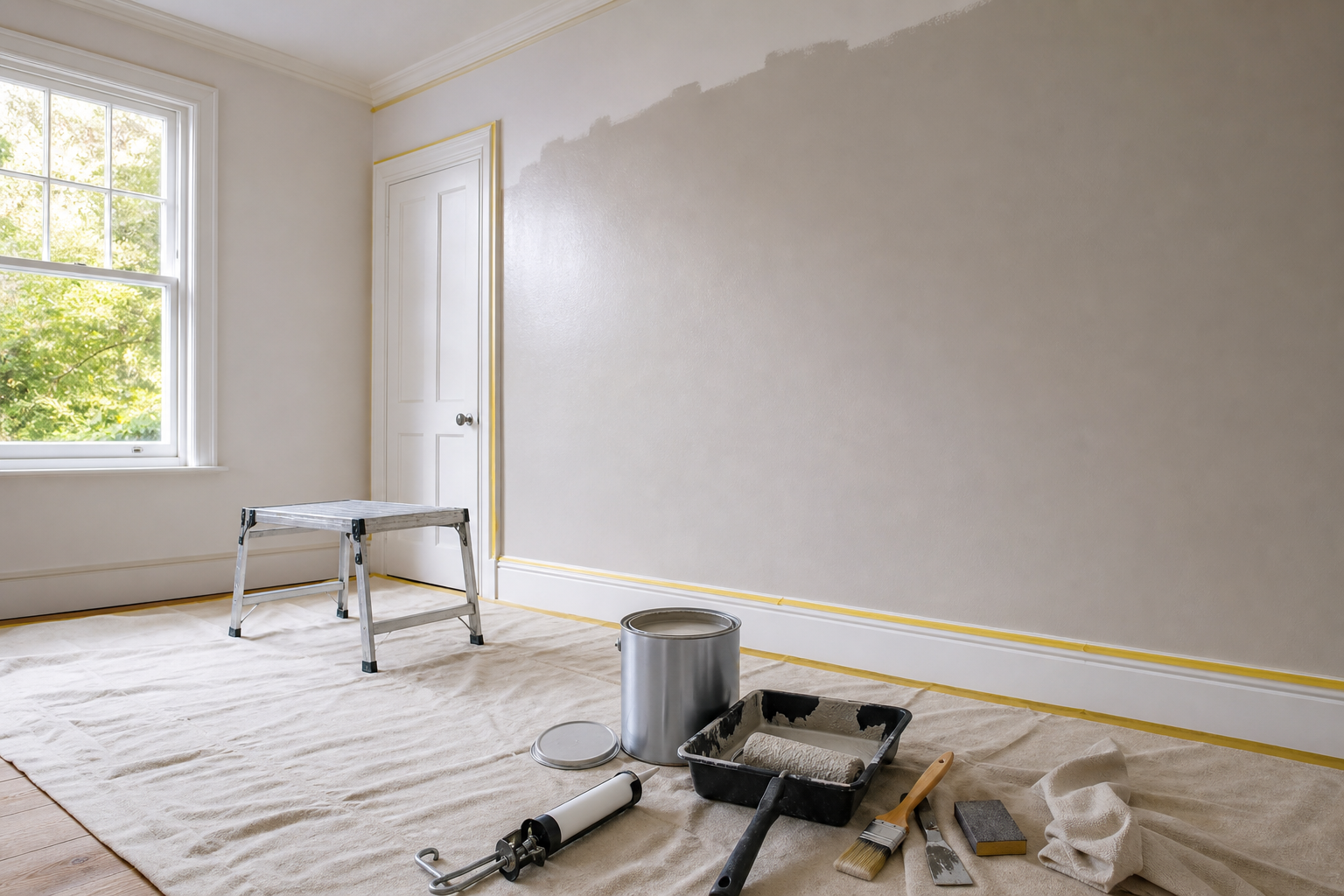 Room interior being painted with tools and a step stool on a tarp.