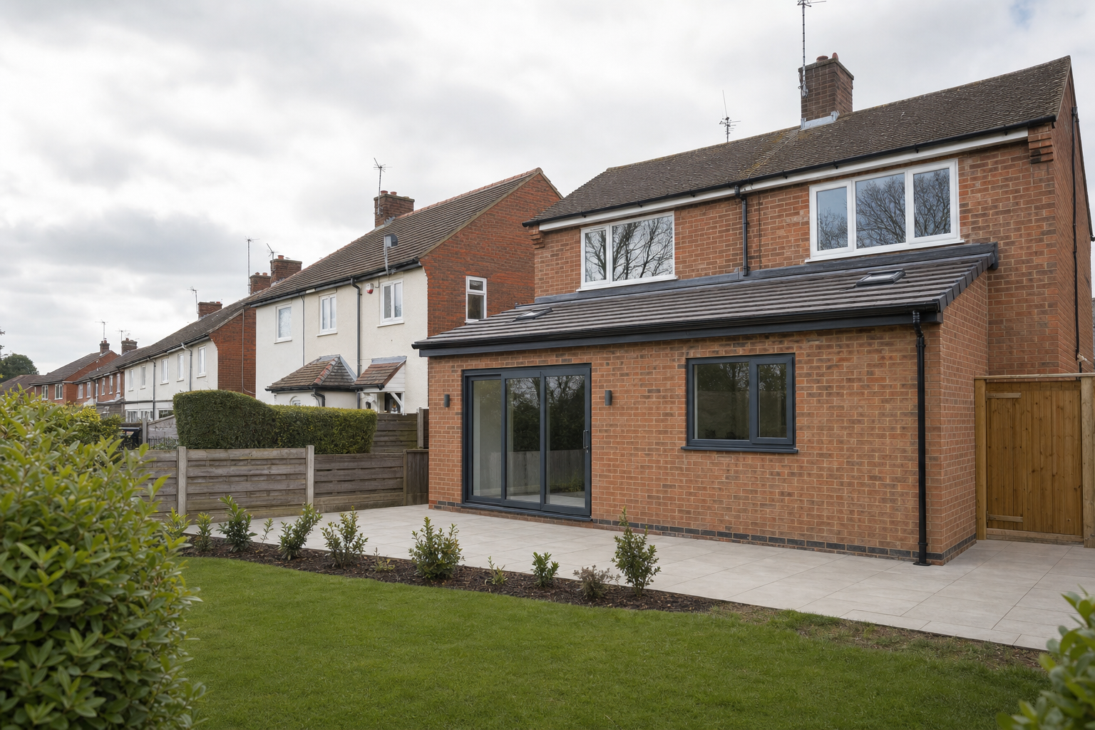 A modern two-storey brick house with a tiled patio and garden, set in a suburban neighbourhood.