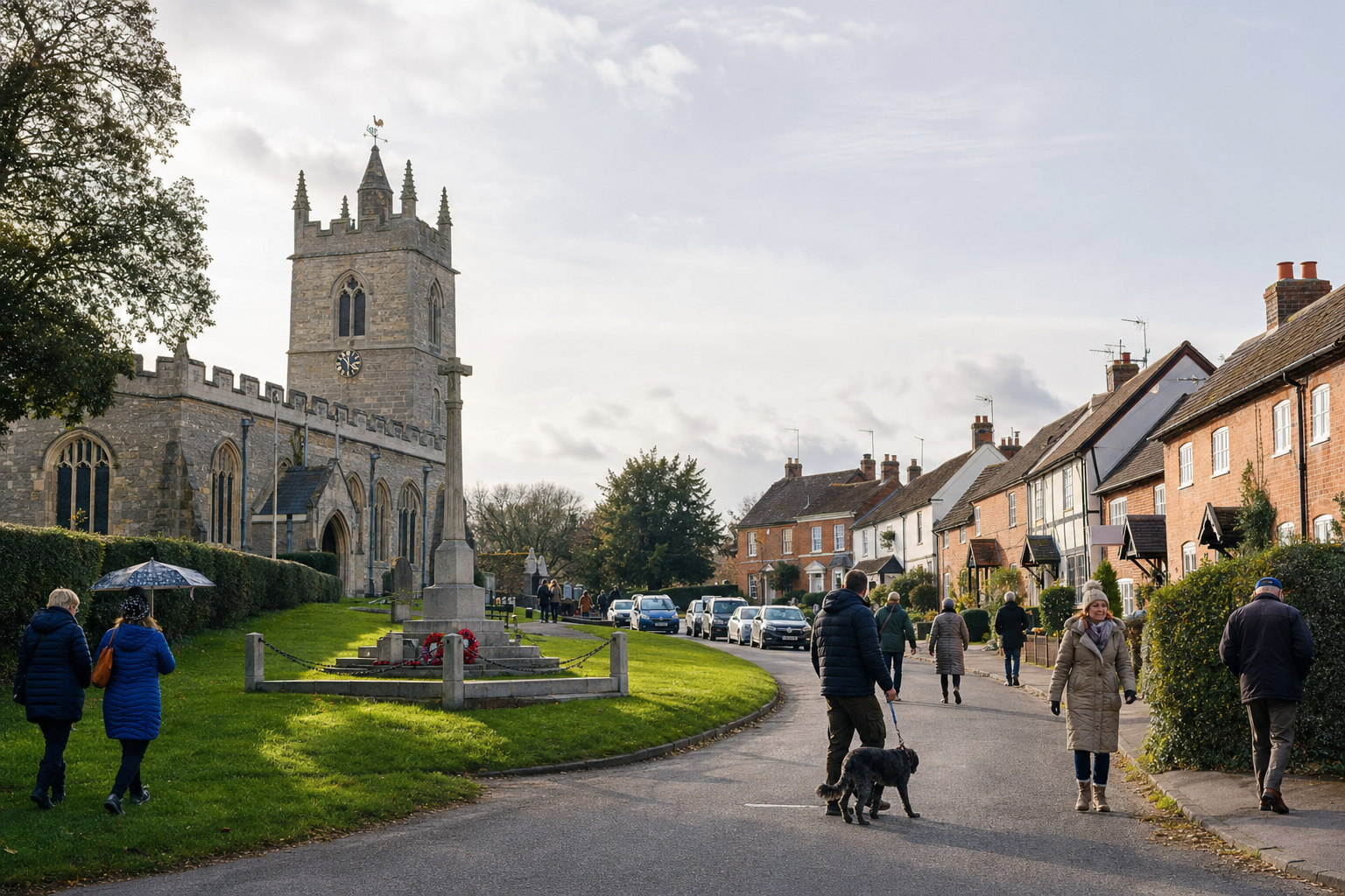 People stroll past a historic English church and cottages on a cloudy day.