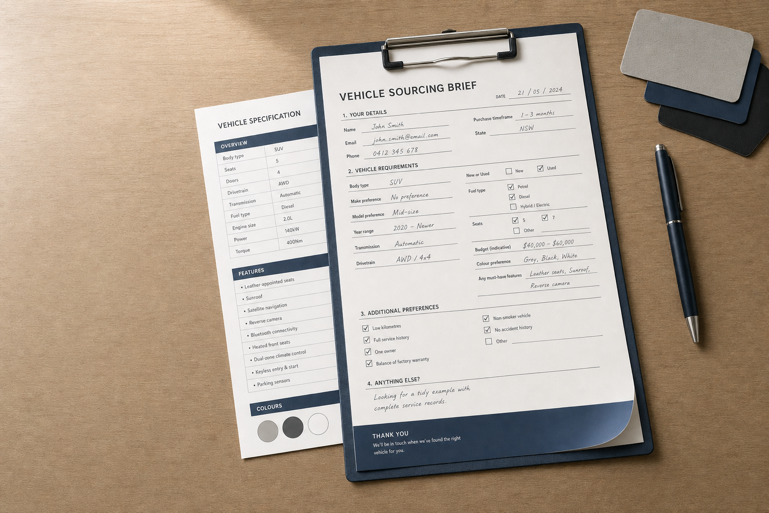 Vehicle sourcing brief and specification documents on a clipboard, alongside colour samples and a pen on a wooden table.