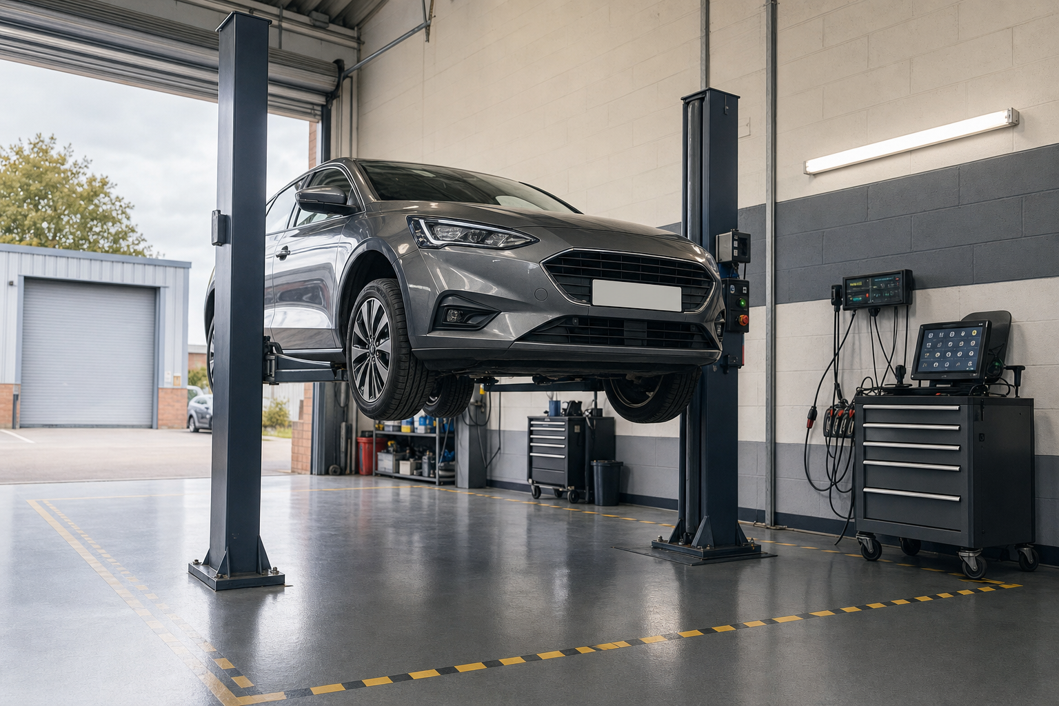 A grey car is suspended on a hydraulic lift in a garage workshop with diagnostic equipment nearby.