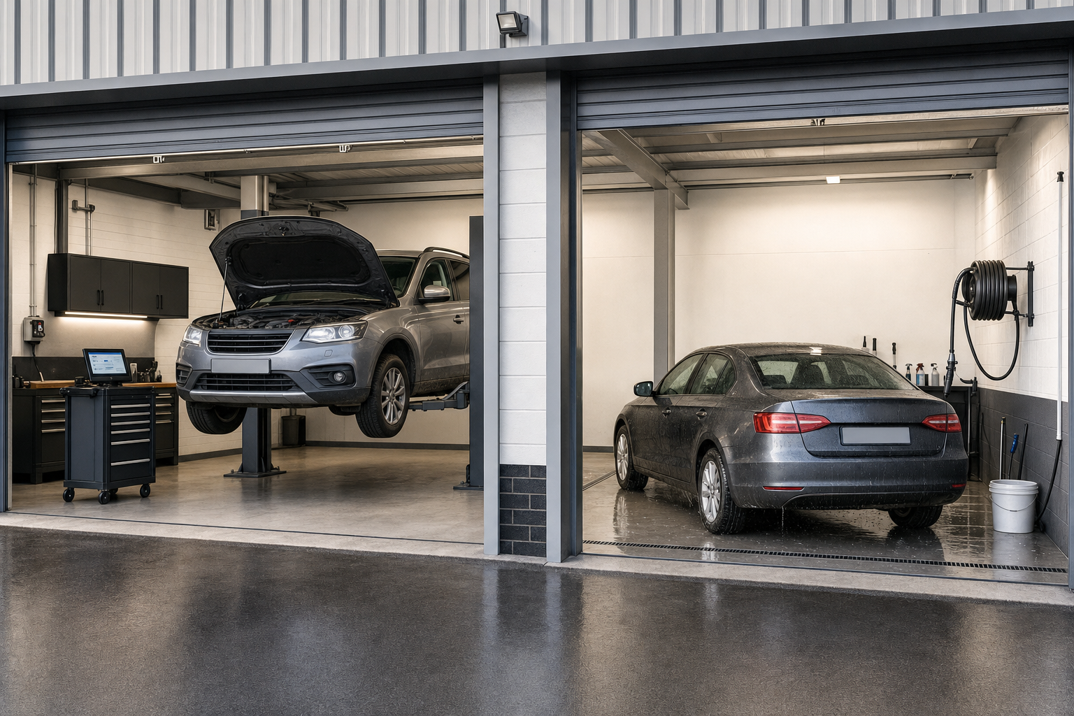 Car maintenance workshop with a vehicle on a hydraulic lift and another parked for inspection.