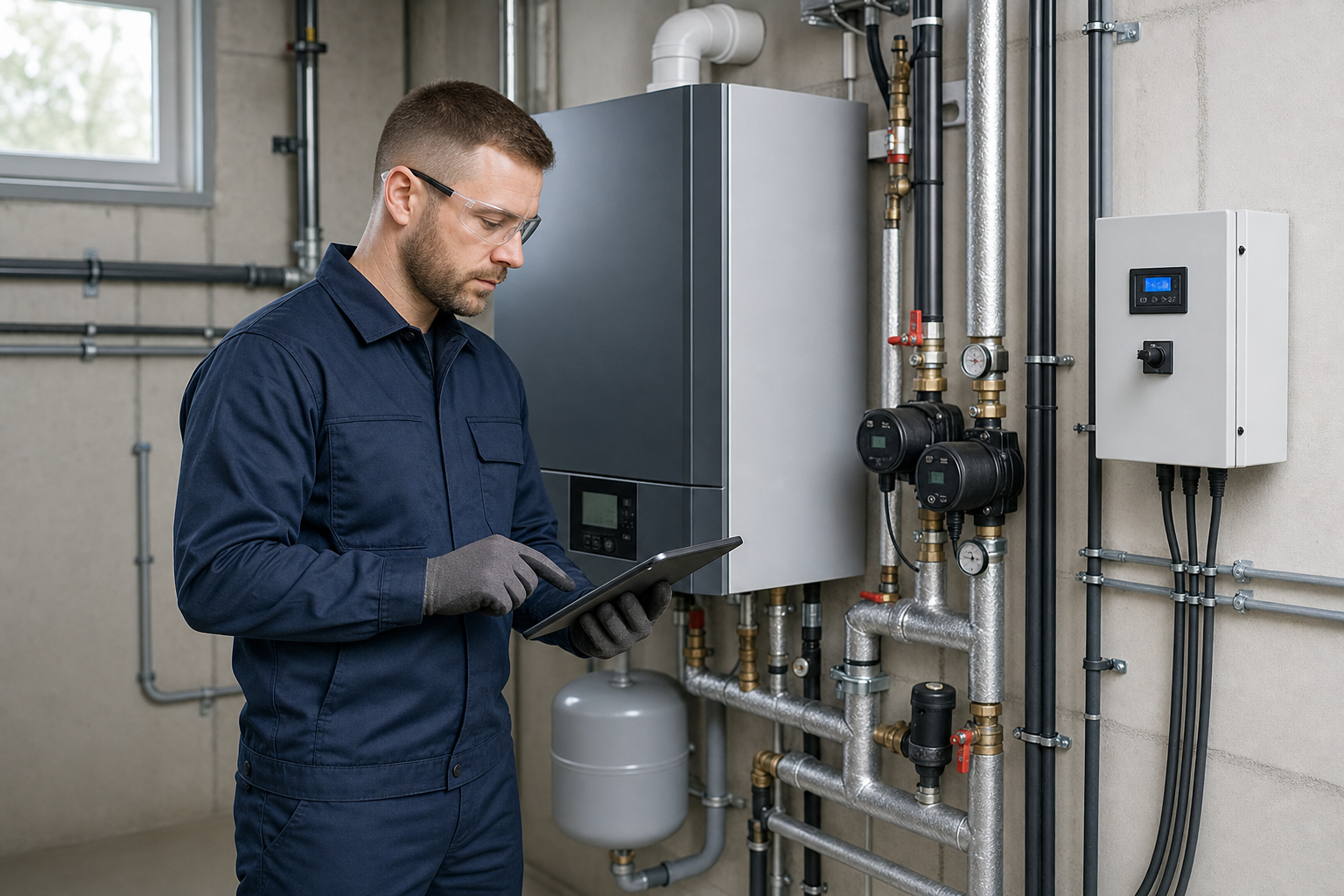Engineer in overalls using a tablet to inspect industrial boiler system in a utility room.