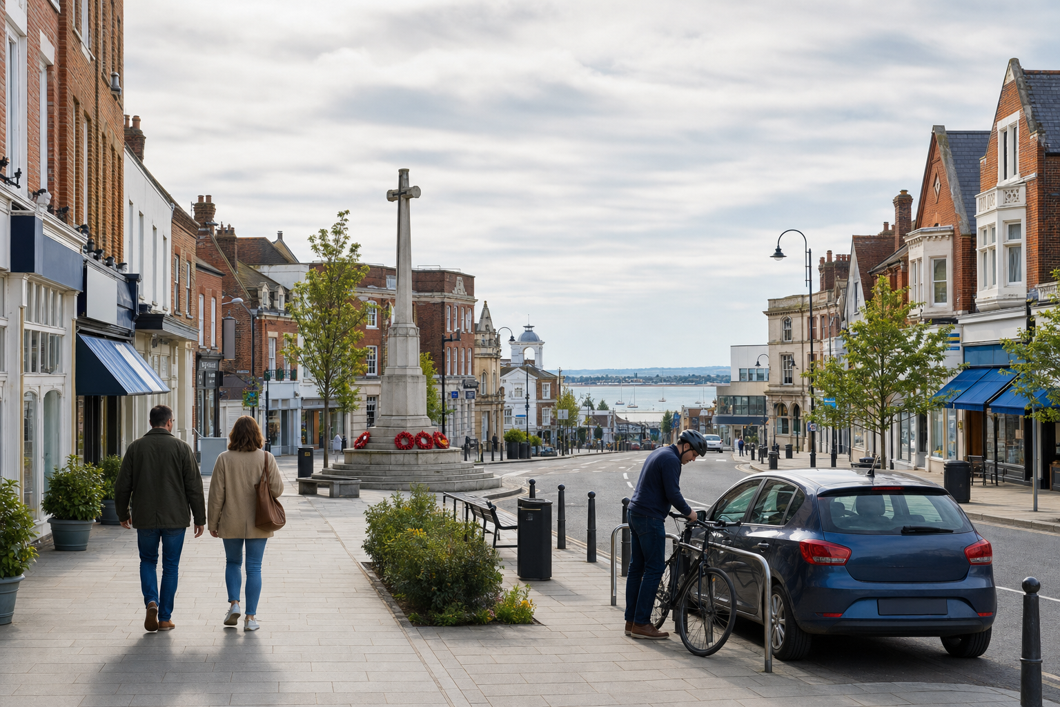 A pedestrian street in a coastal town with people walking and a cyclist locking a bike near a memorial.