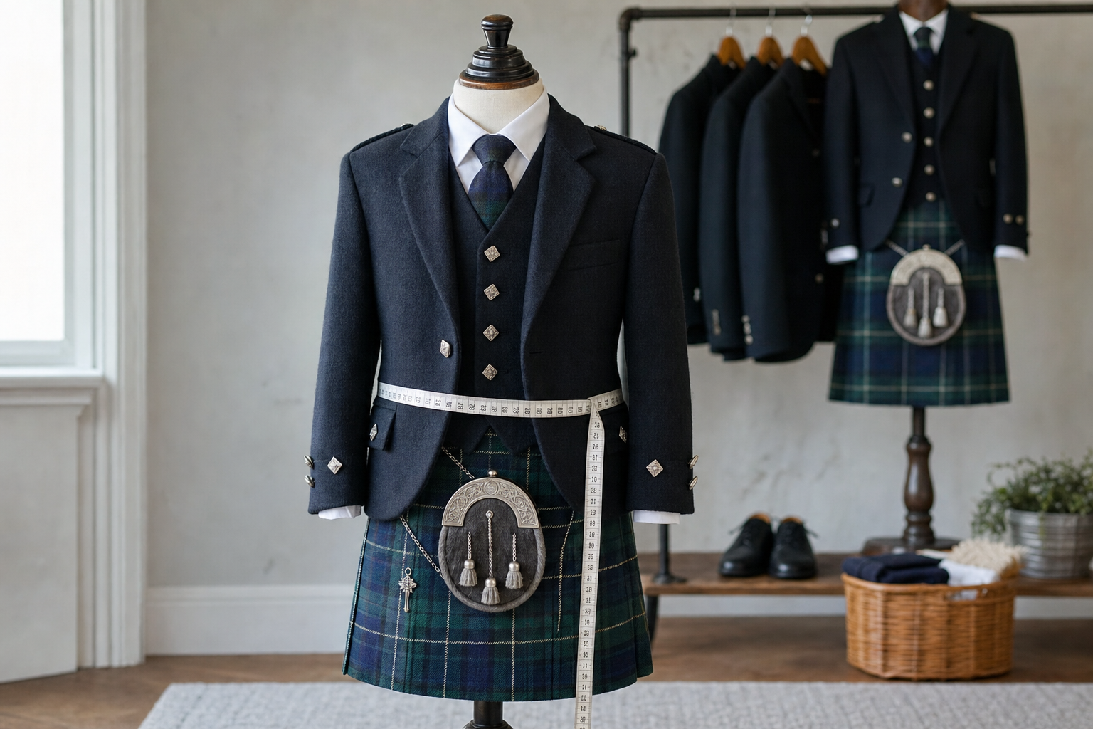 Tailored Scottish kilt outfit on a mannequin with a measuring tape, set in a room with additional suits and accessories.