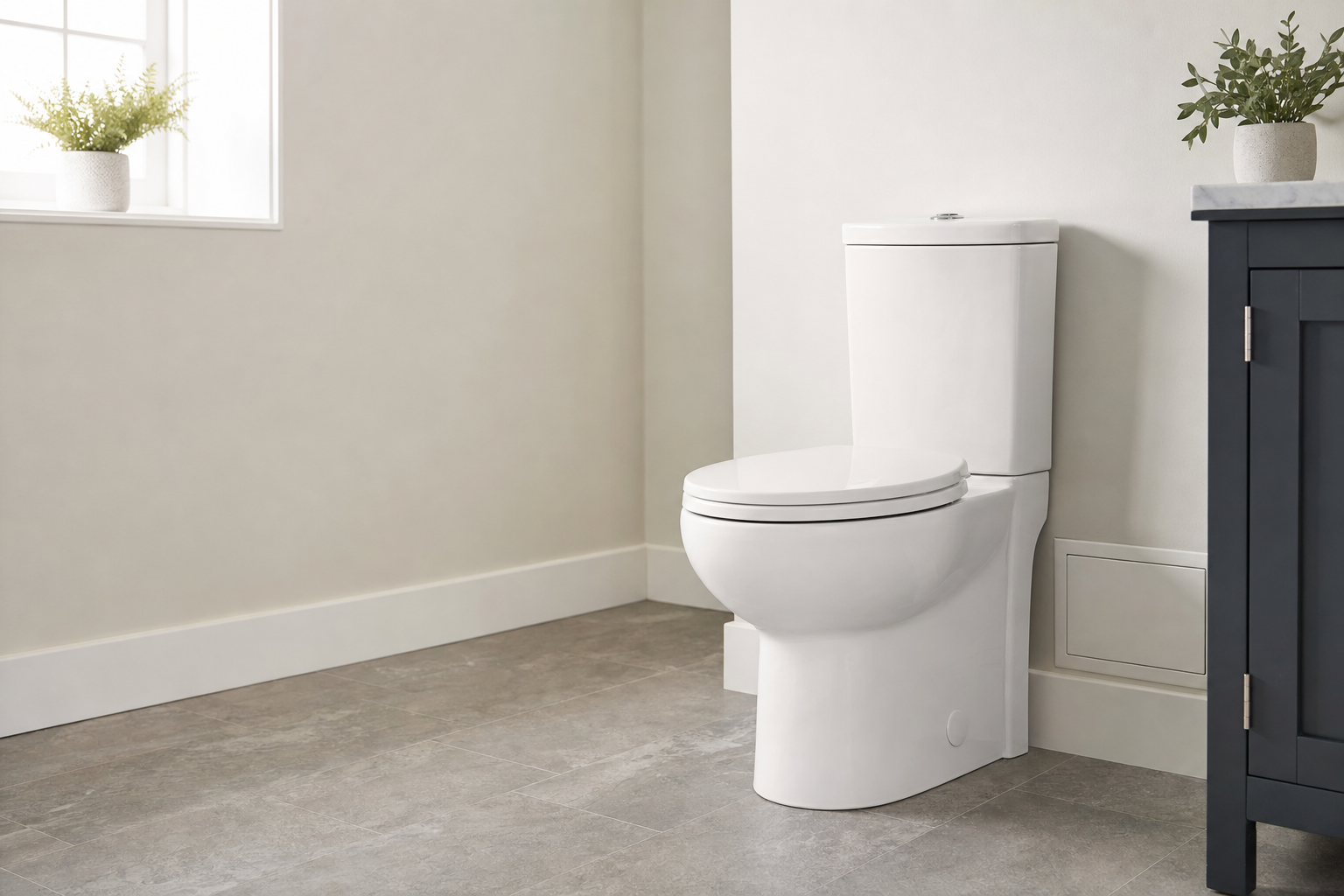 Modern white toilet in a minimalist bathroom with beige walls and potted plants on the windowsill and cabinet.