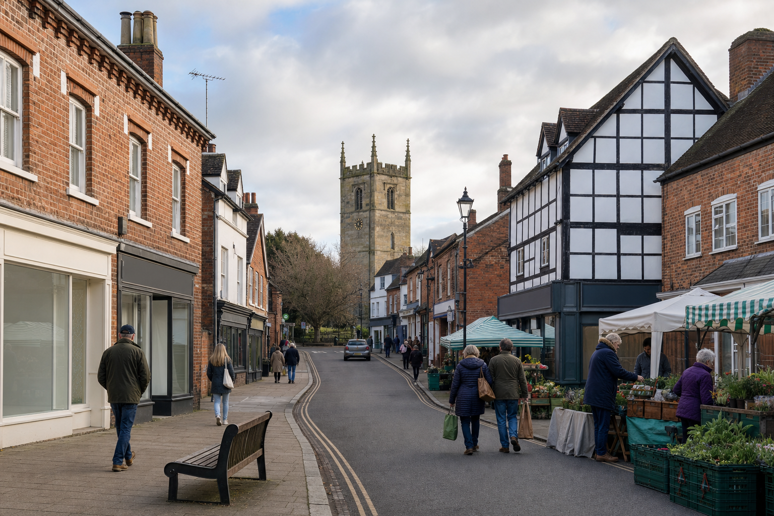 A historic market street with pedestrians, lined by brick and timber-framed buildings under a cloudy sky.