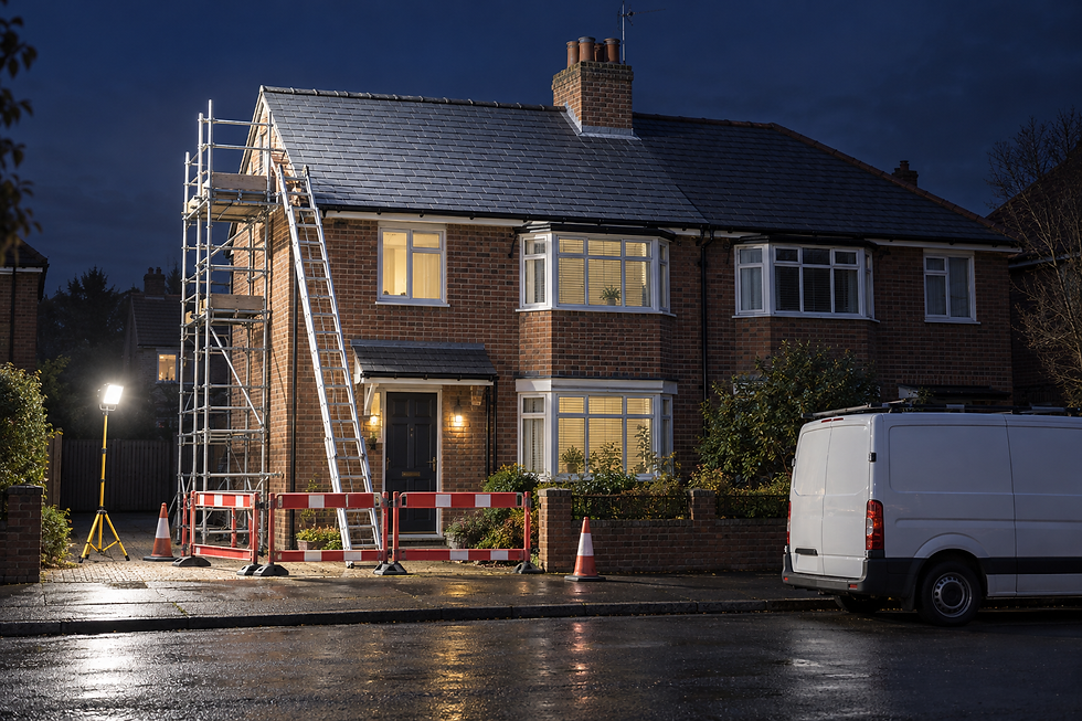A scaffolded house under evening lights with a white van parked outside.