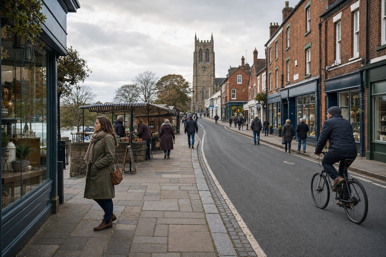A bustling street scene with people walking and cycling, lined with shops and a church in the background.