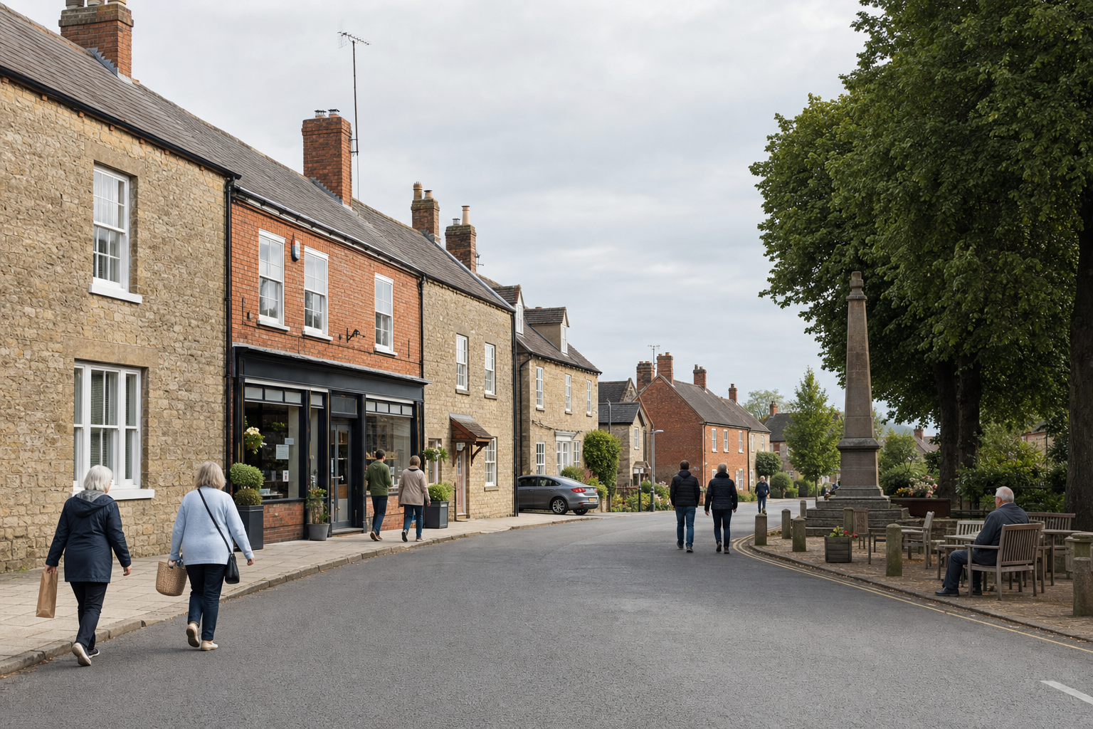 People walking on a quiet village street lined with brick buildings and a stone monument.