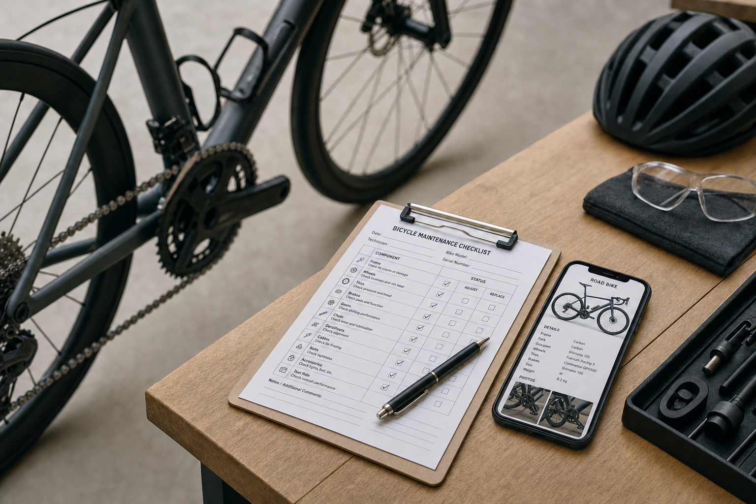 Bicycle maintenance checklist on clipboard alongside smartphone displaying bike details, tools, and helmet on wooden table.