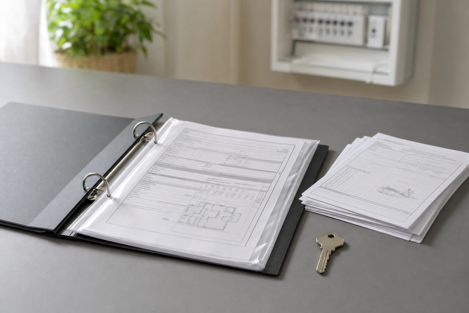 Open binder and stack of documents on a table with a key nearby, and a plant and fuse box in the background.