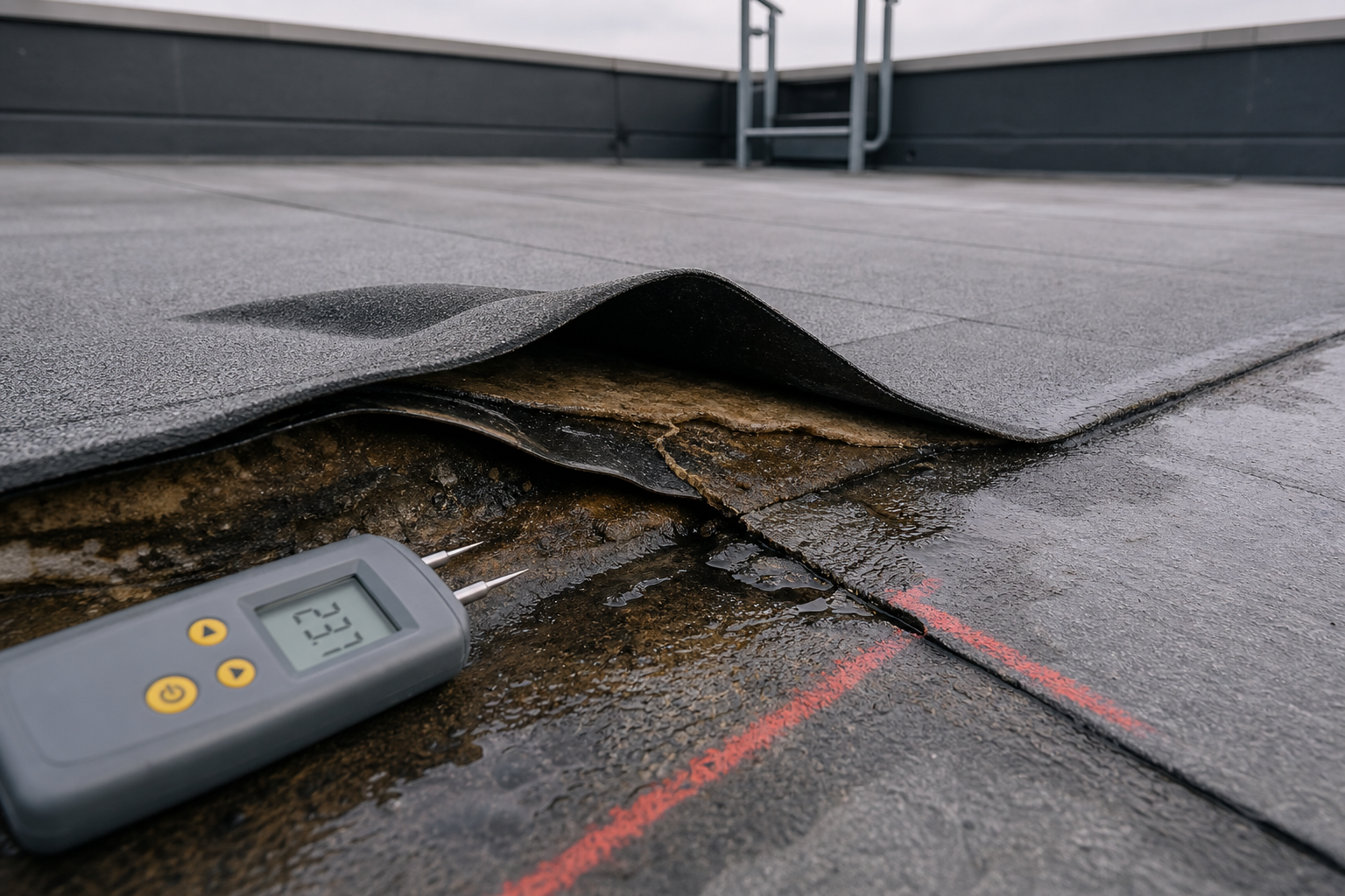 A moisture meter measures dampness under a lifted section of a flat rooftop membrane, indicating water leakage.