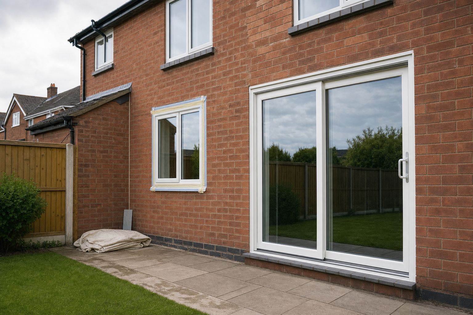 Sliding glass doors and a taped window on a red brick house with a patio and garden.