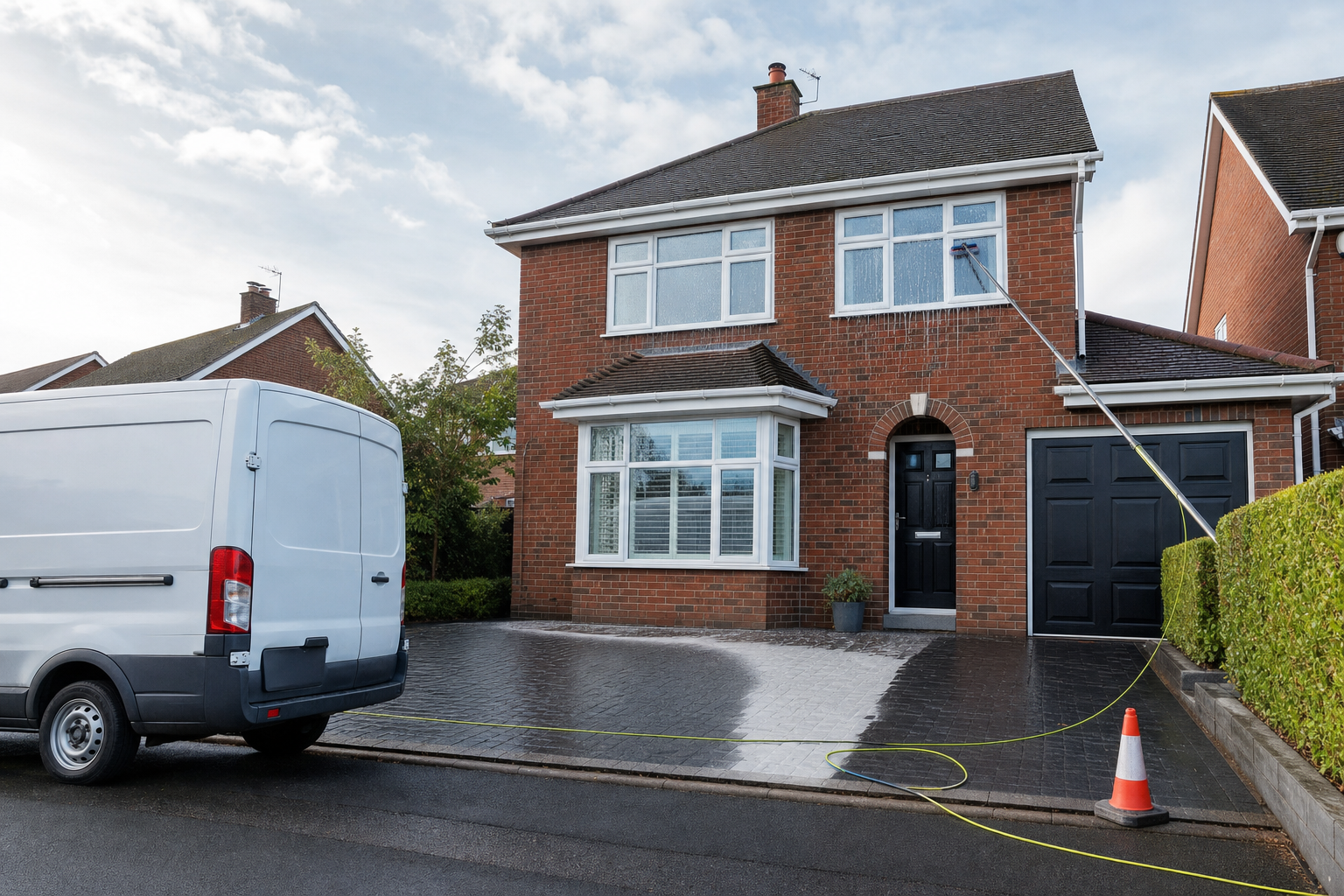A van parked outside a brick house, with a worker cleaning the windows using an extendable brush.