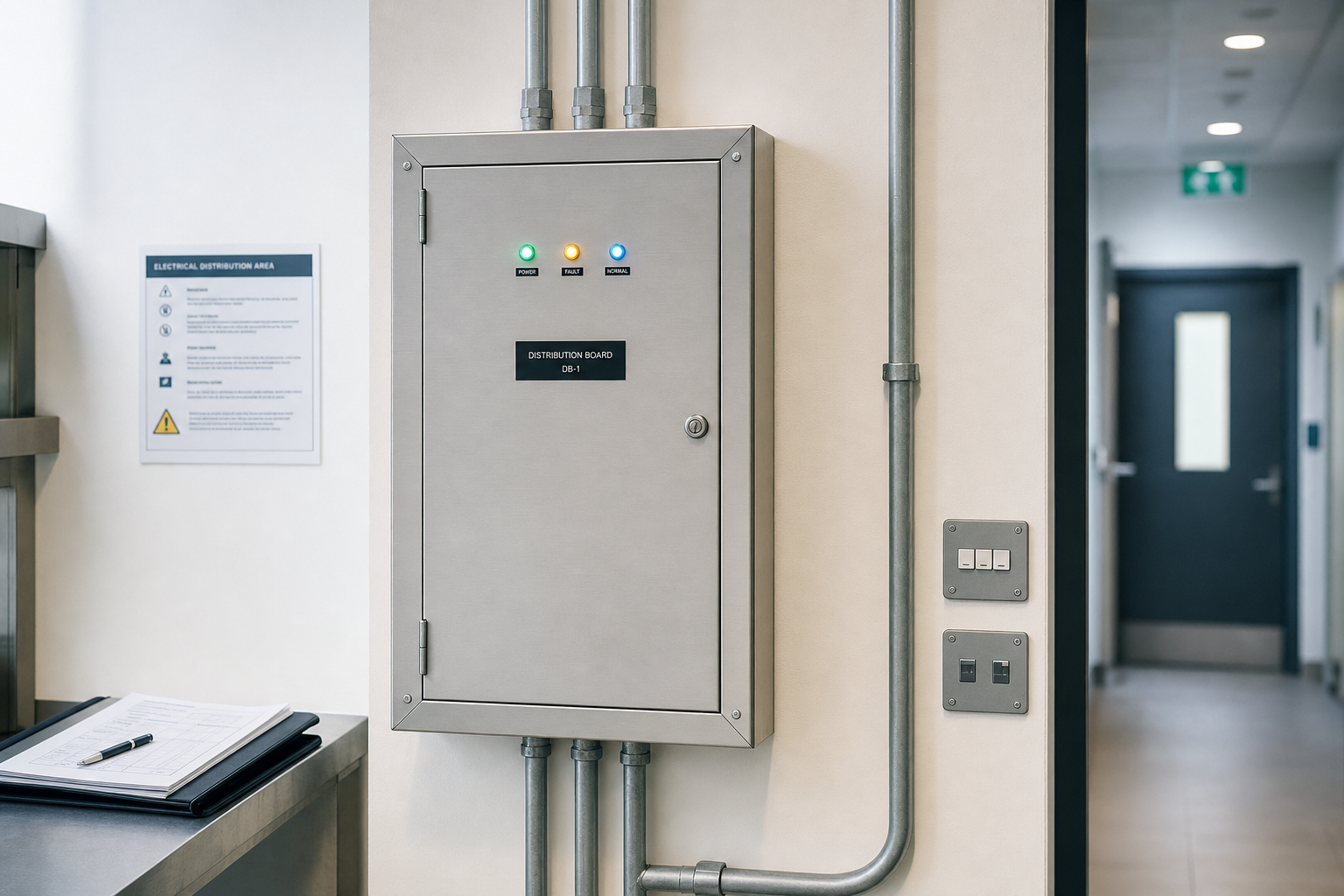 Steel electrical distribution board with indicator lights and wiring, located in a clean modern hallway.