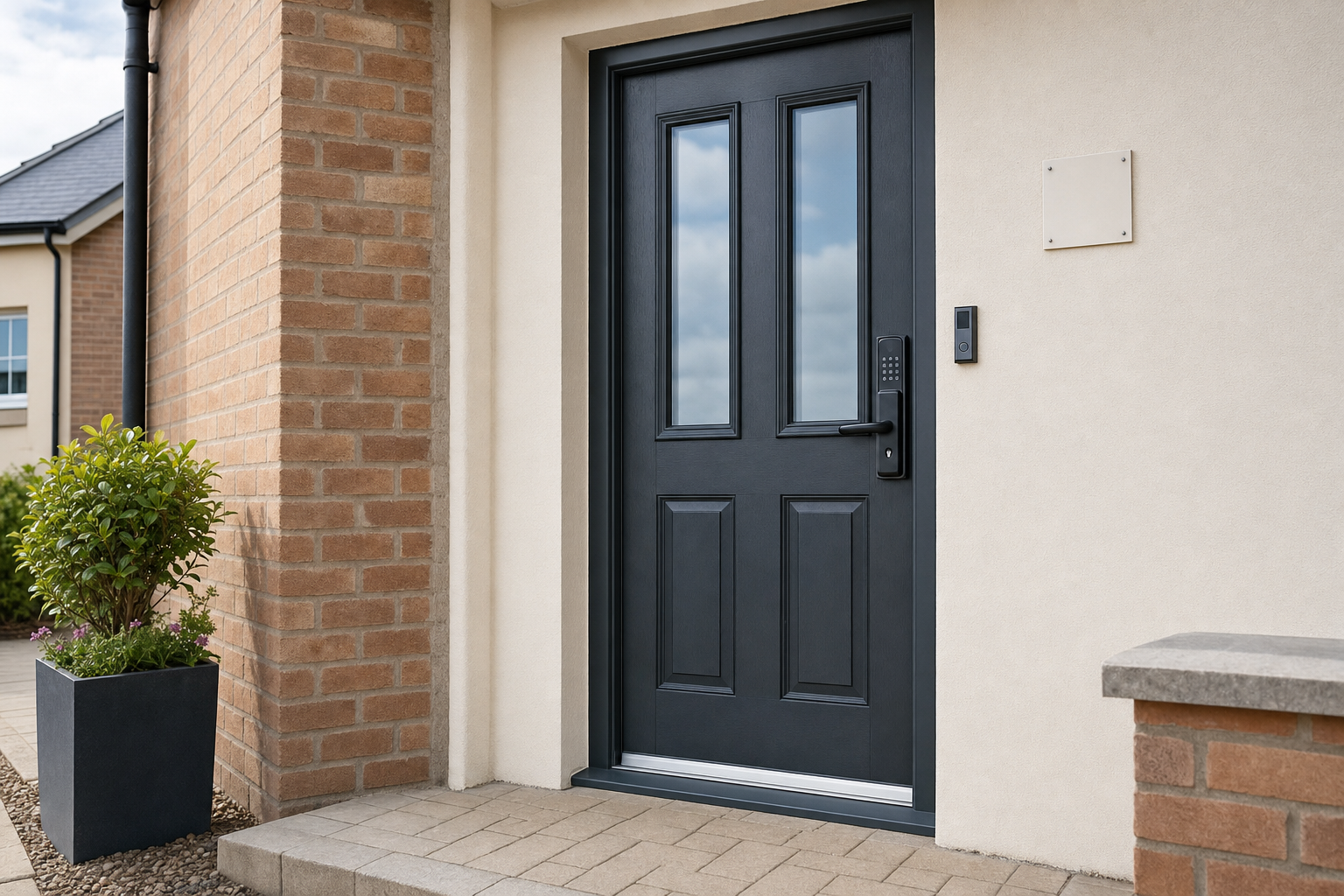 Modern dark grey front door with a keypad entry, flanked by brickwork and a potted shrub.