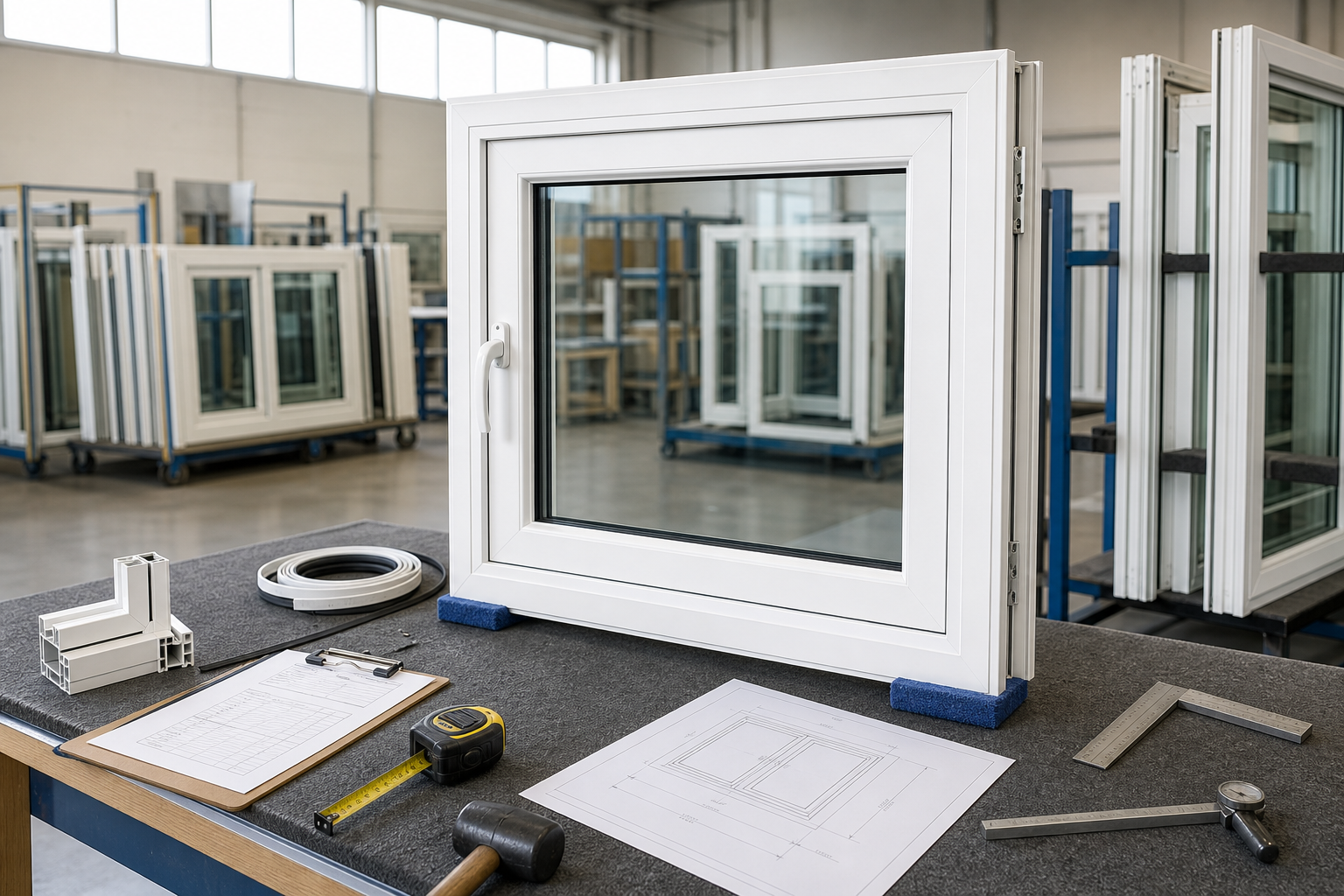 White window with measuring tools and plans on a workbench in a manufacturing facility.