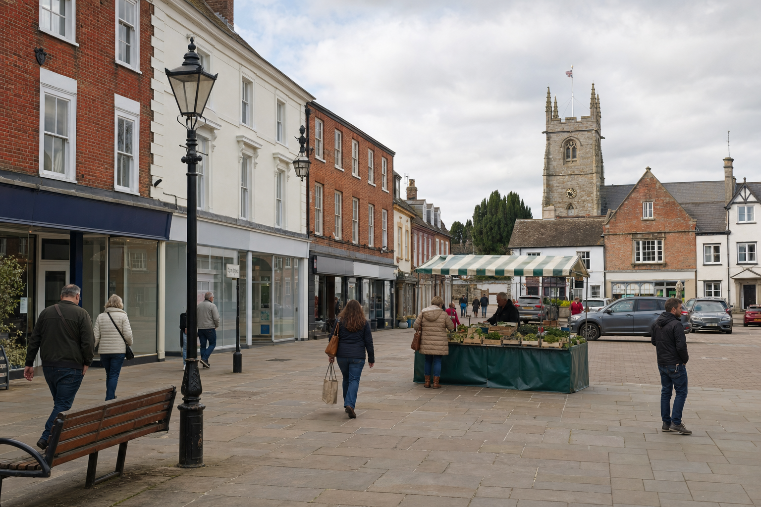 People walking past market stalls in a historic town square with a church in the background.