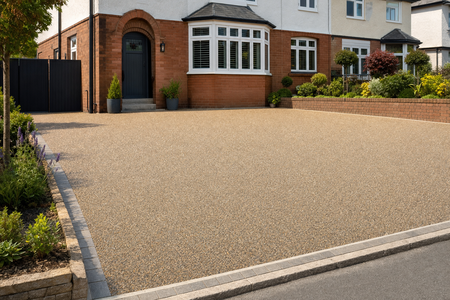 A large, tidy driveway with a resin surface leads to a house with brick and white exterior and a well-kept garden.