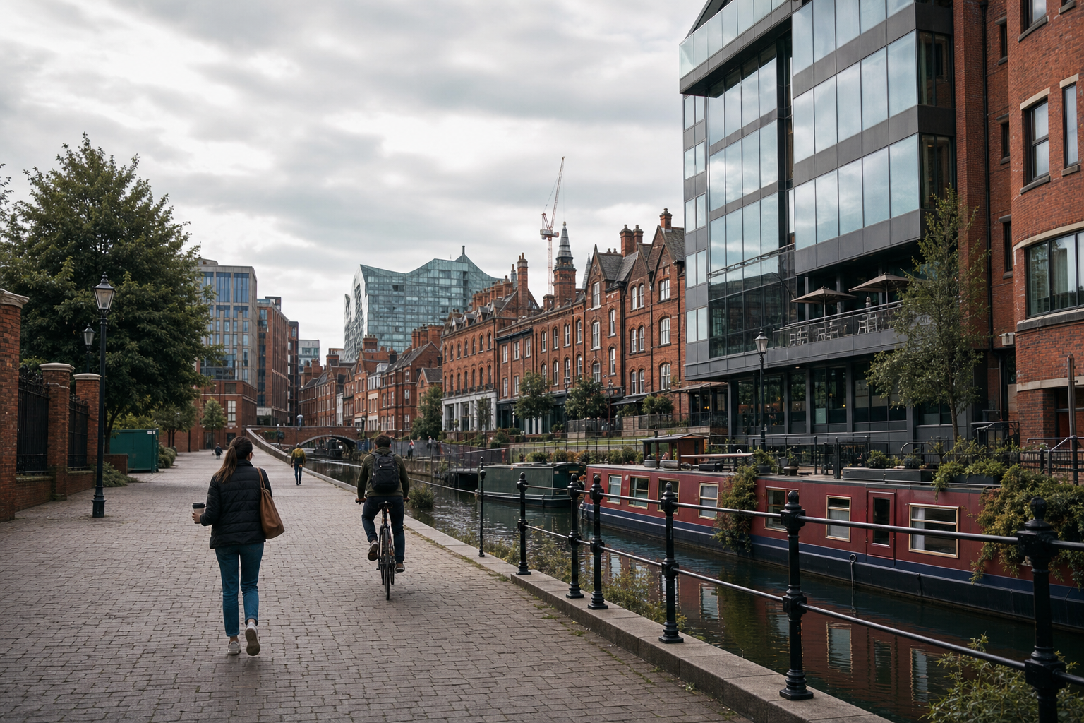 A cyclist and a pedestrian walk alongside a canal flanked by modern and traditional buildings in a cityscape.