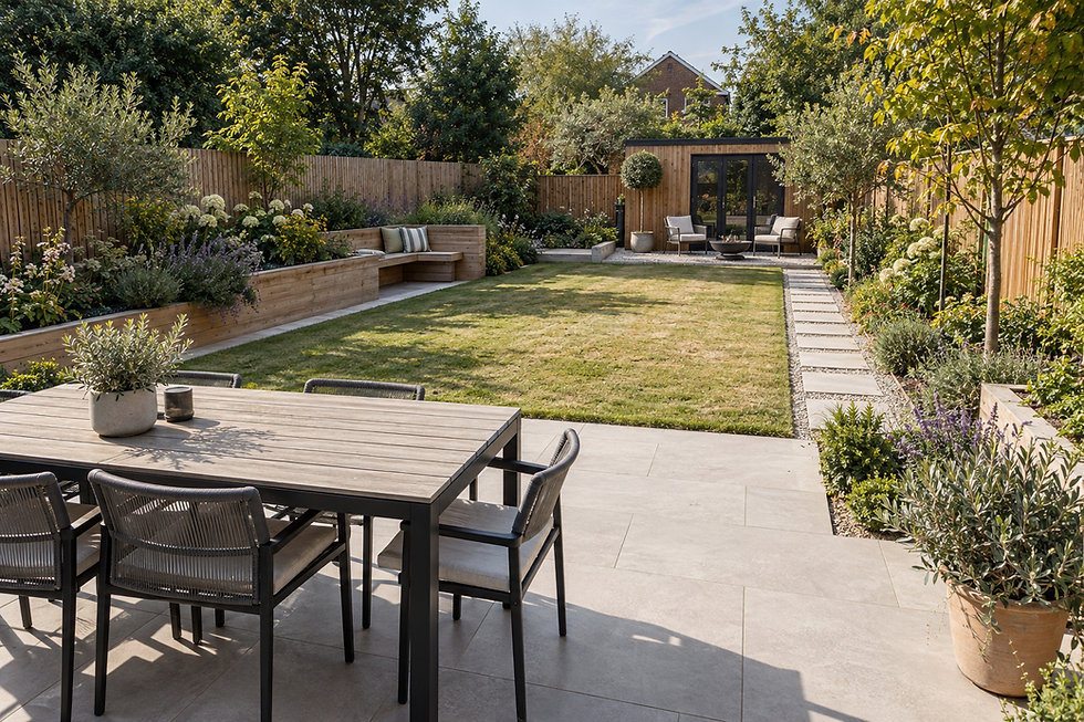 Modern garden with patio dining area, lawn, wooden planters, and a garden room at the back, surrounded by lush greenery.