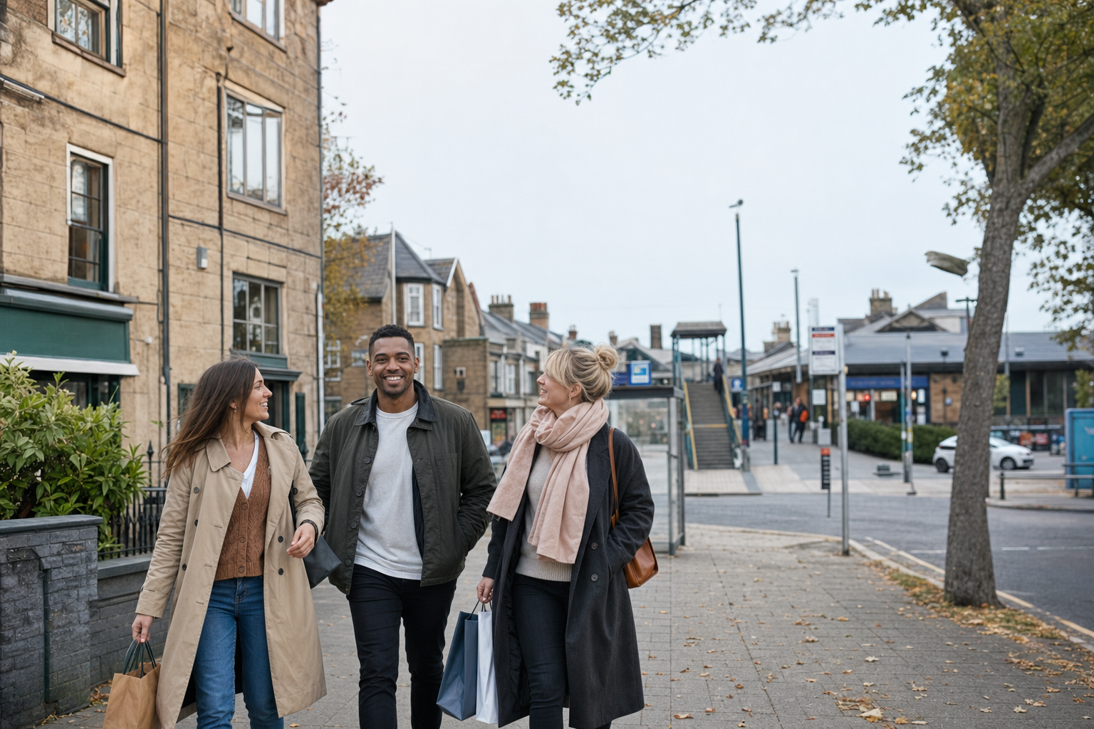 Three friends walking and chatting on a tree-lined street in an urban area with shops and a bus stop.
