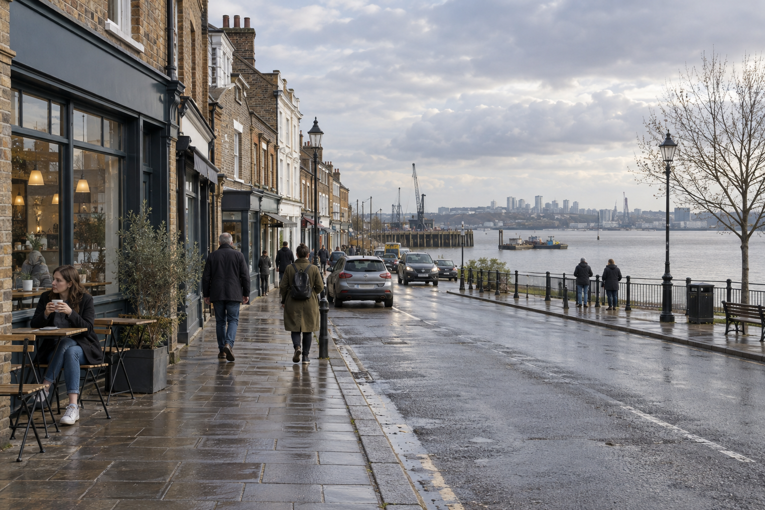 People walking along a wet riverside street with shops and a view of the skyline across the water.