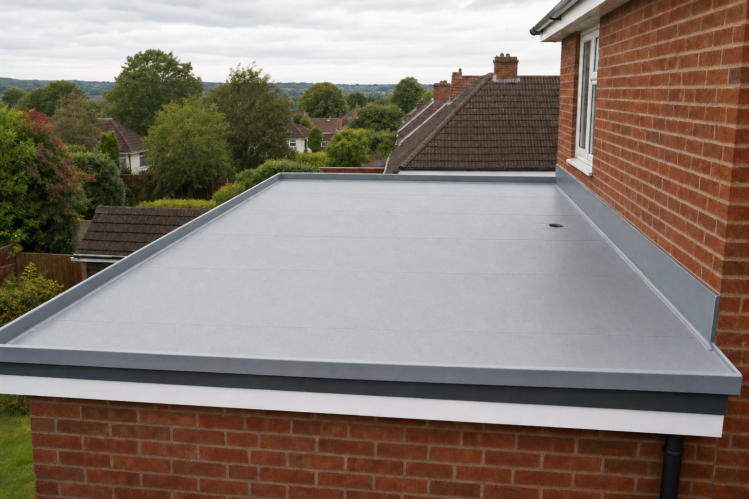 A flat grey rooftop on a brick building with a view of a suburban neighbourhood and trees in the background.