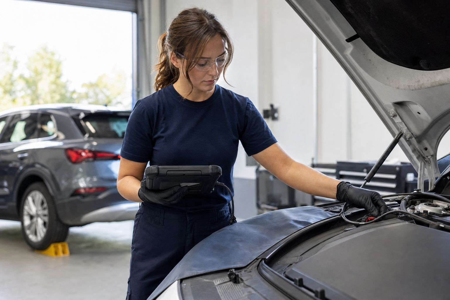 Mechanic wearing safety gear uses a tablet for diagnostics while inspecting a car engine in a garage.