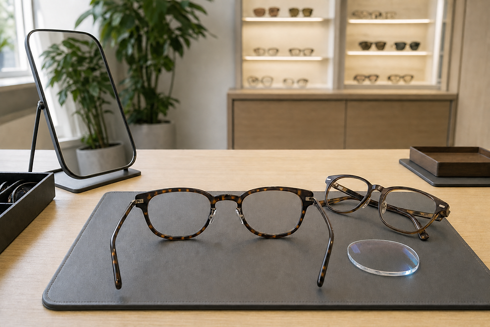 Tortoiseshell glasses and a lens rest on a desk with a mirror, set against a shop interior displaying more frames.