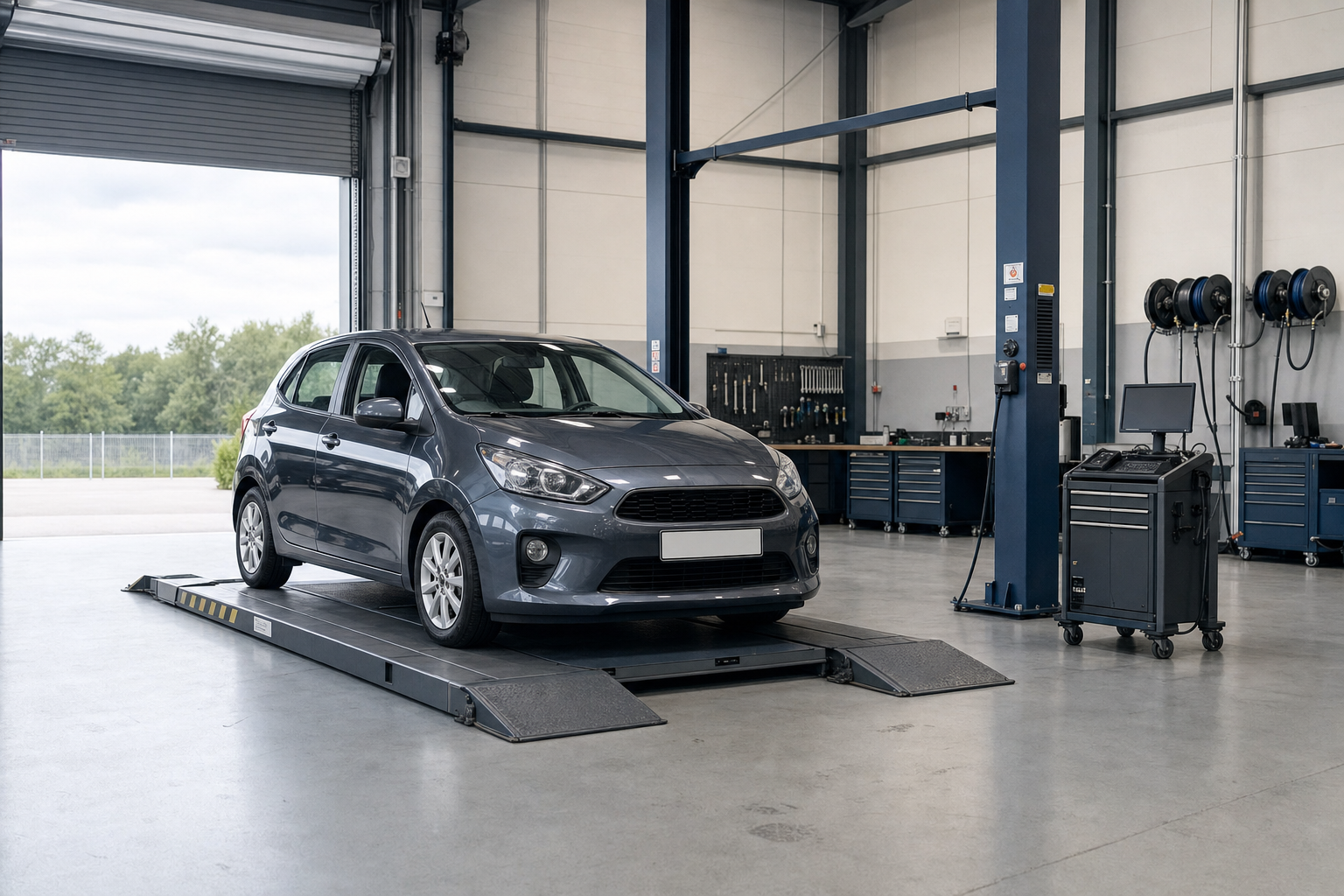 A grey car on a vehicle lift in a modern garage workshop with tools and equipment.