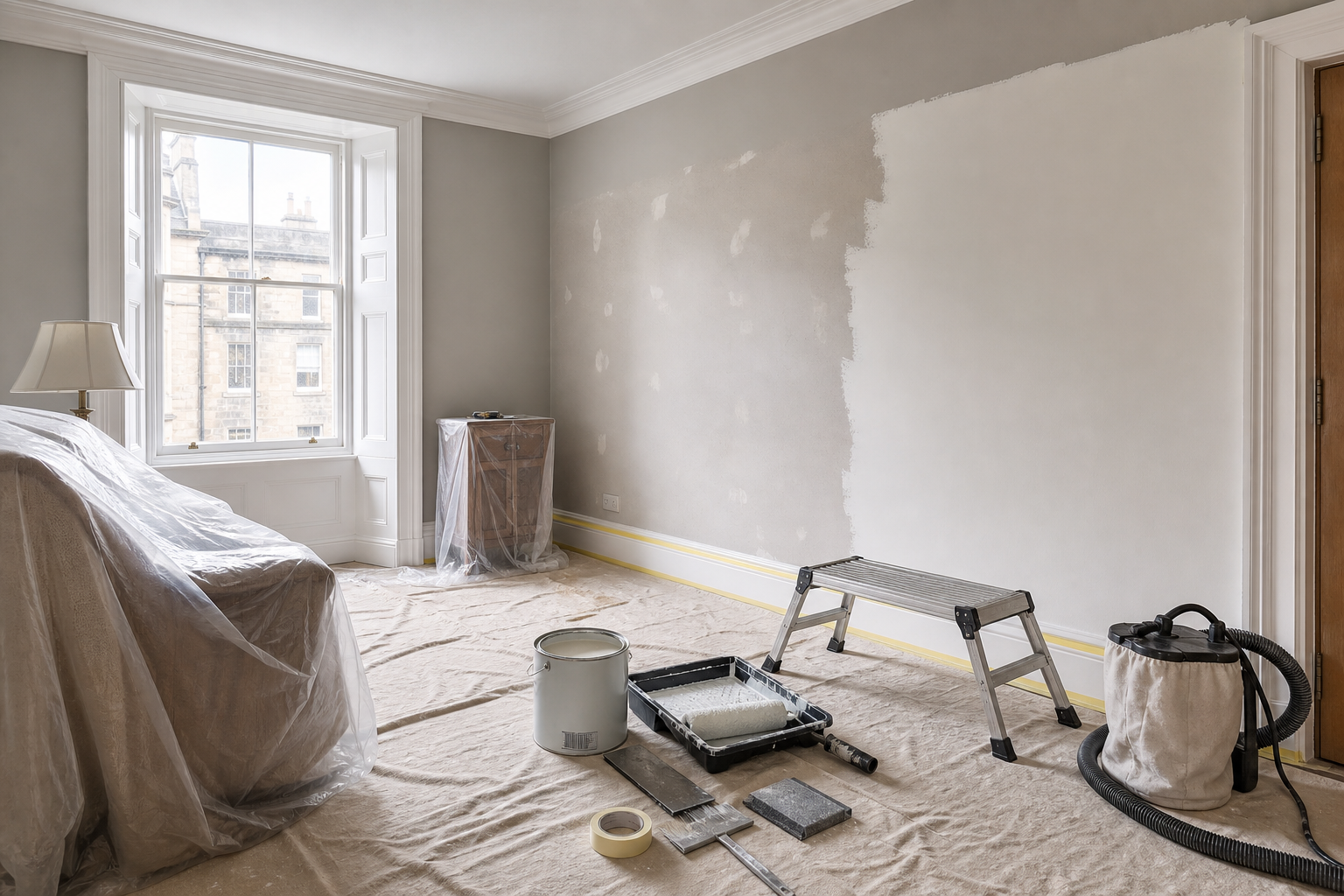 Room in the process of being painted, with tools and furniture covered in protective plastic.