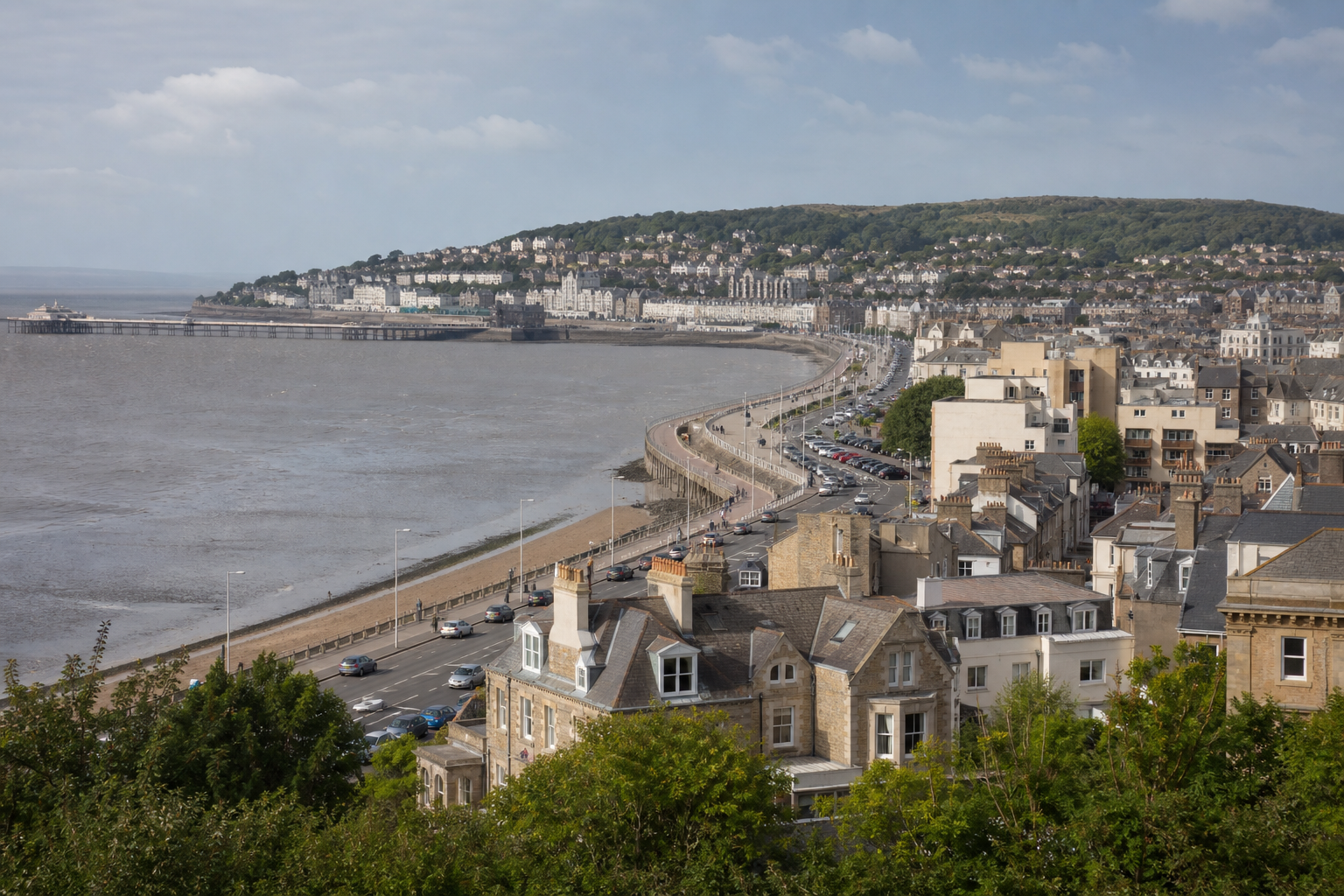 Coastal townscape with a pier extending into the sea and houses lining the waterfront.
